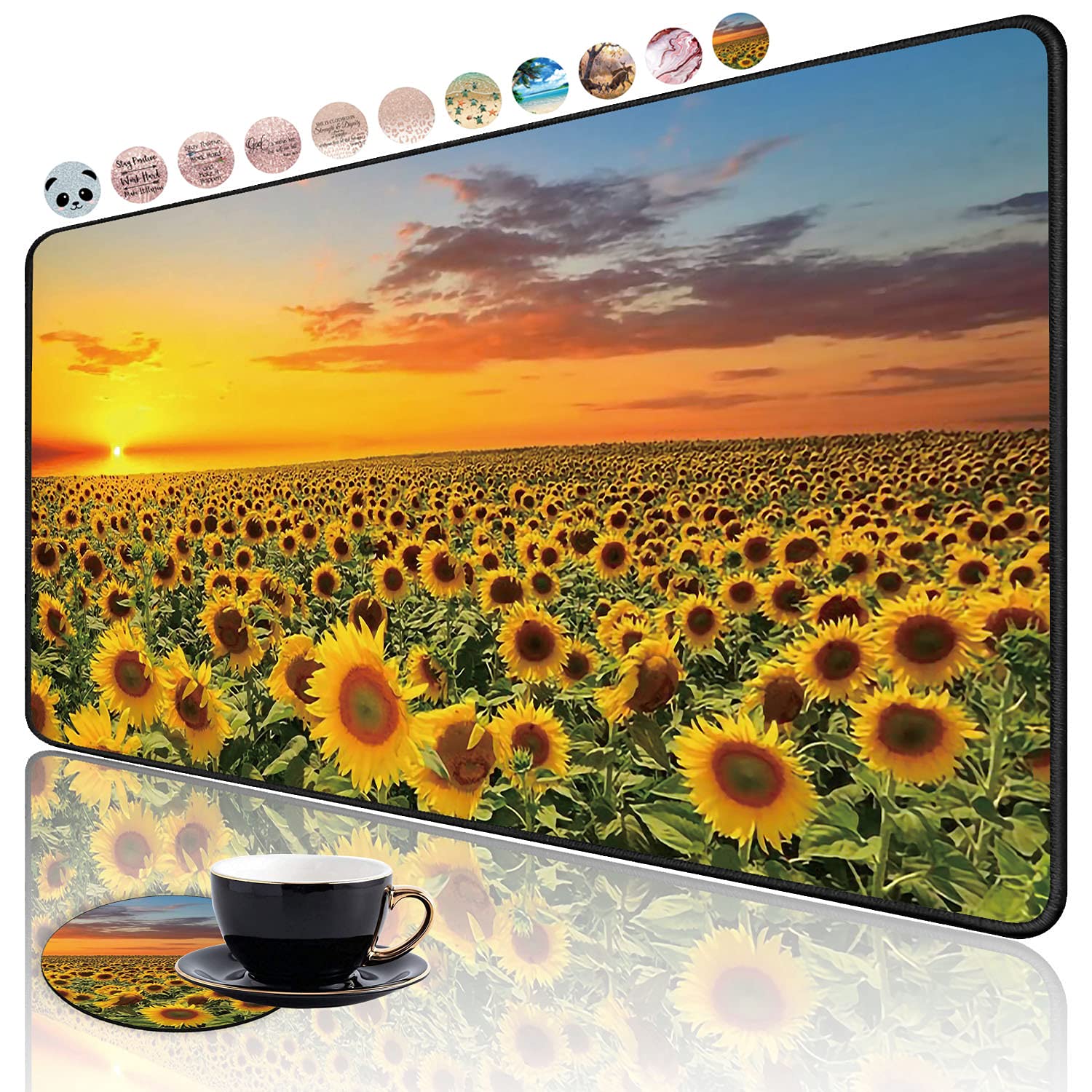 Extra Large Gaming Mouse Pad with Non-Slip Rubber Base - XXL Extended Keyboard Mouse Mat for PC, Laptop, Office & Study - Includes Free Cup Coaster - Sunflower Design for Gamers & Professionals (Perfect for Esports, Work & Home Office Setup)