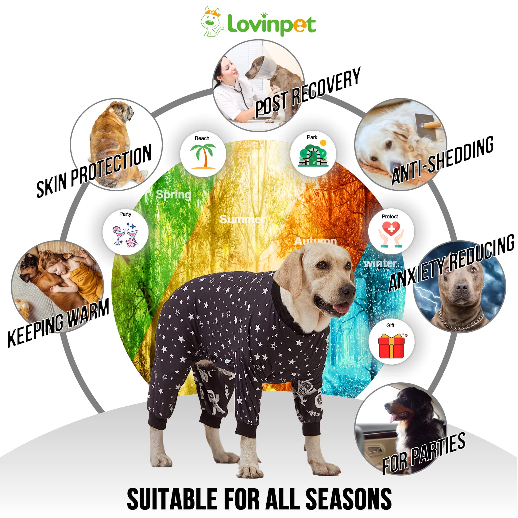 LovinPet Dog Pajamas for Large Breeds - Slim Fit Lightweight Pullover PJs with Full Coverage, Outer Space Astronaut Print - Perfect for Pitbulls & XL Dogs (2XL) - Cozy Nightwear for Indoor Lounging & Cute Photo Ops