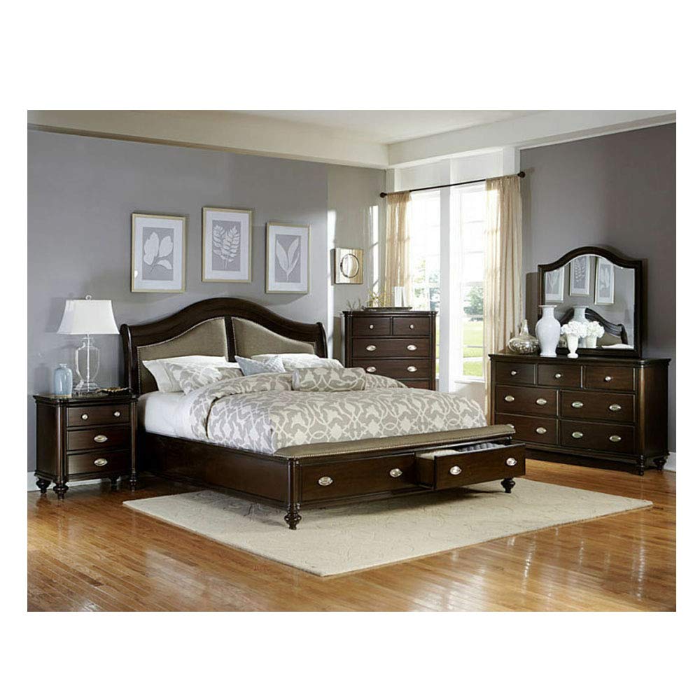 4-Piece Contemporary Dark Cherry King Size Bedroom Set - Solid Hardwood Bed, Nightstand, Dresser & Mirror | Perfect for Master Suites & Luxury Bedrooms