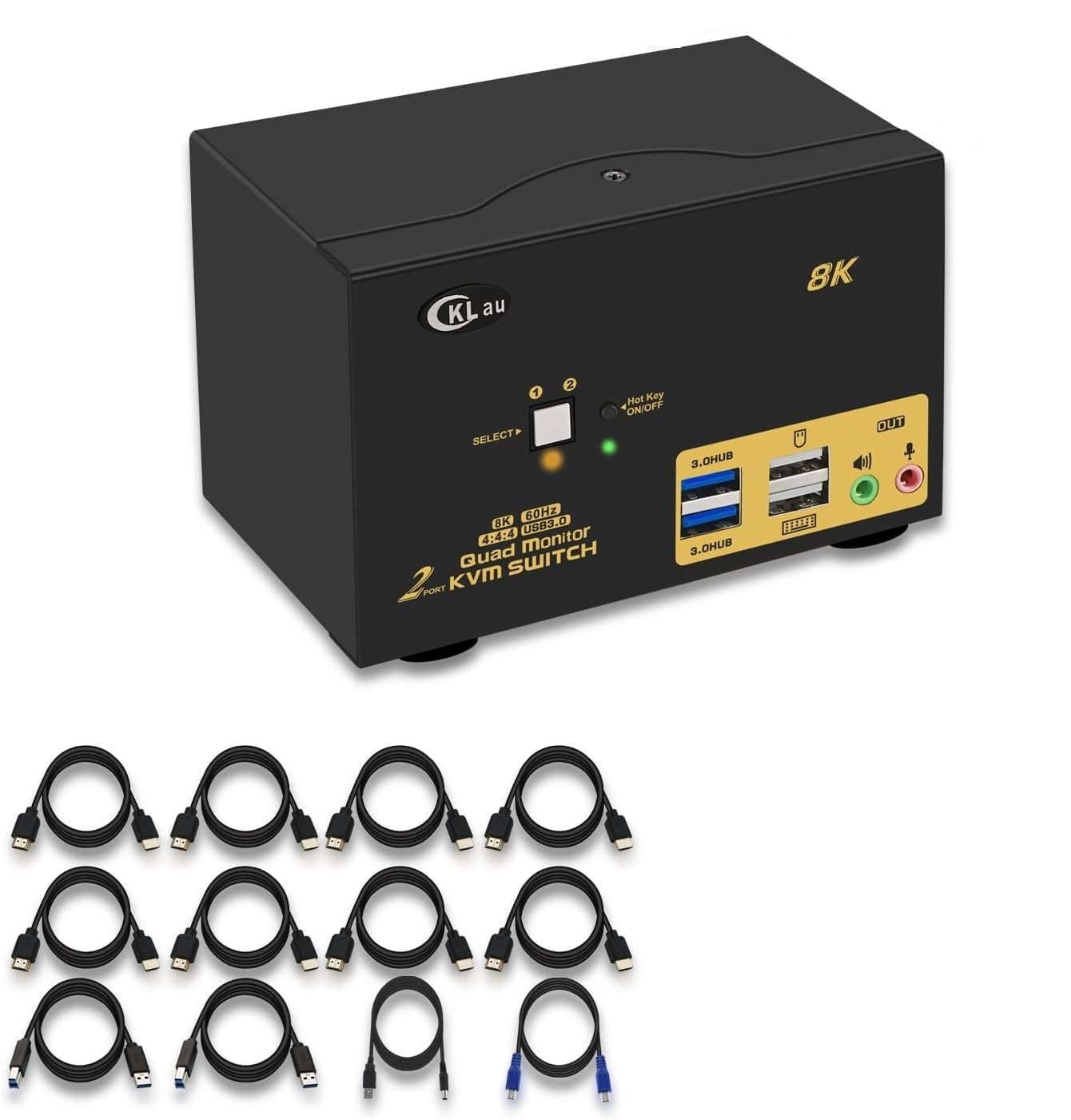 CKLau 2 Port USB 3.0 Quad Monitor KVM Switch - HDMI 2.1 8K@60Hz 4K@144Hz with Audio Output & Cables - Share 2 PCs Across 4 Monitors for Keyboard/Mouse/Peripheral Control - Ideal for Home Office, Gaming Setup & Multi-Tasking Workstations