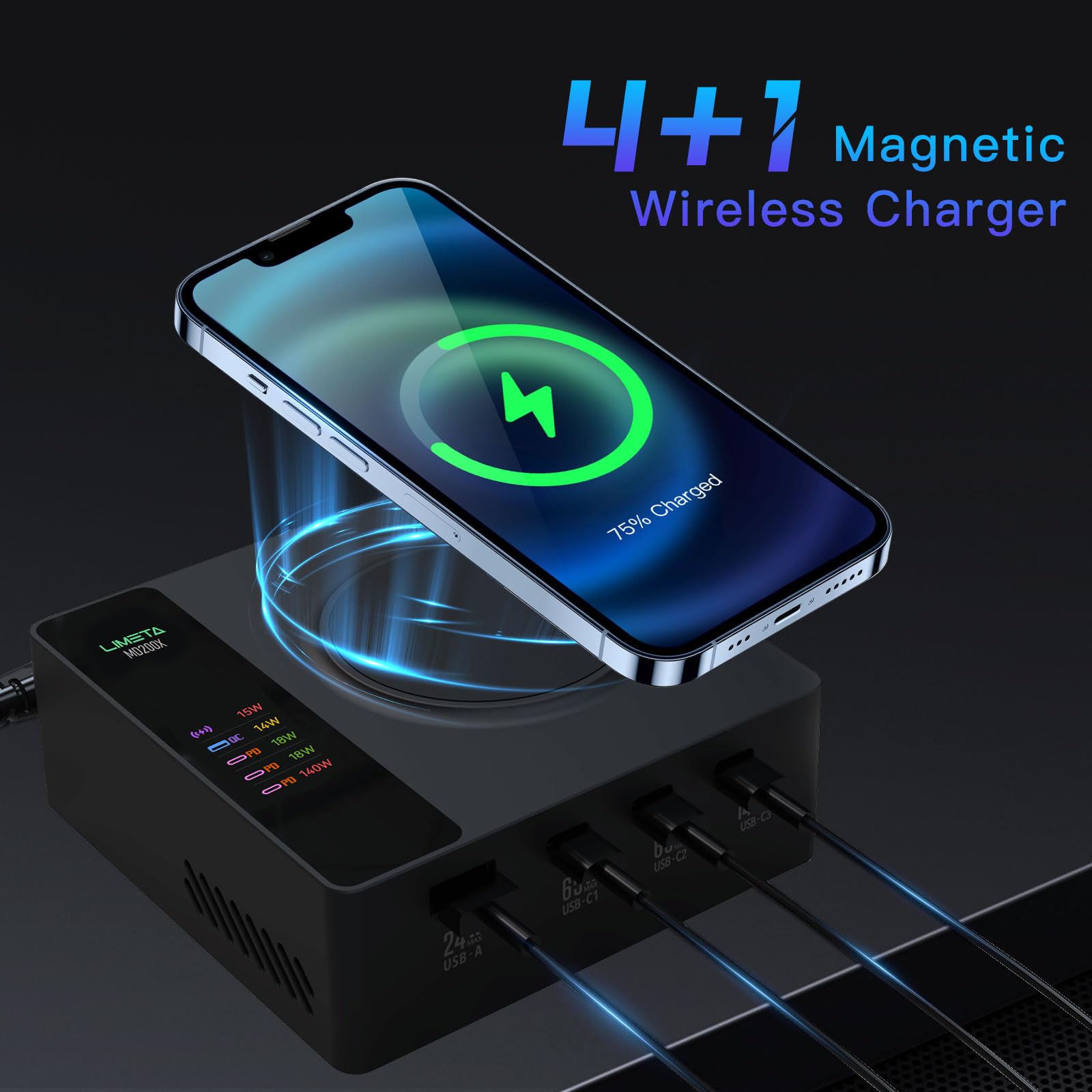 LIMETA 200W 5-in-1 USB Charging Station with 140W USB-C PD3.1, Wireless Charger & LCD Display - Fast Charger for iPhone, iPad, Apple Watch, Android & Multiple Devices - Perfect for Home, Office & Travel Use