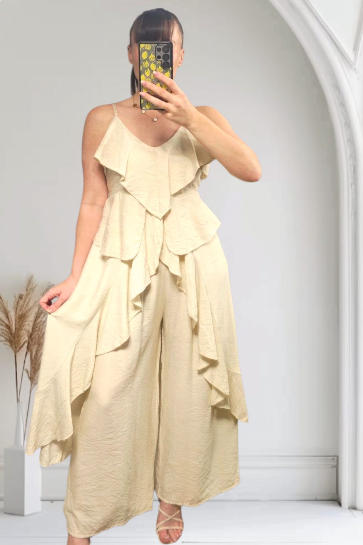 Elegant Cream Ruffle Co-Ord Set for Women | Trendy Two Piece Outfit | Perfect for Date Night, Brunch & Summer Vacations