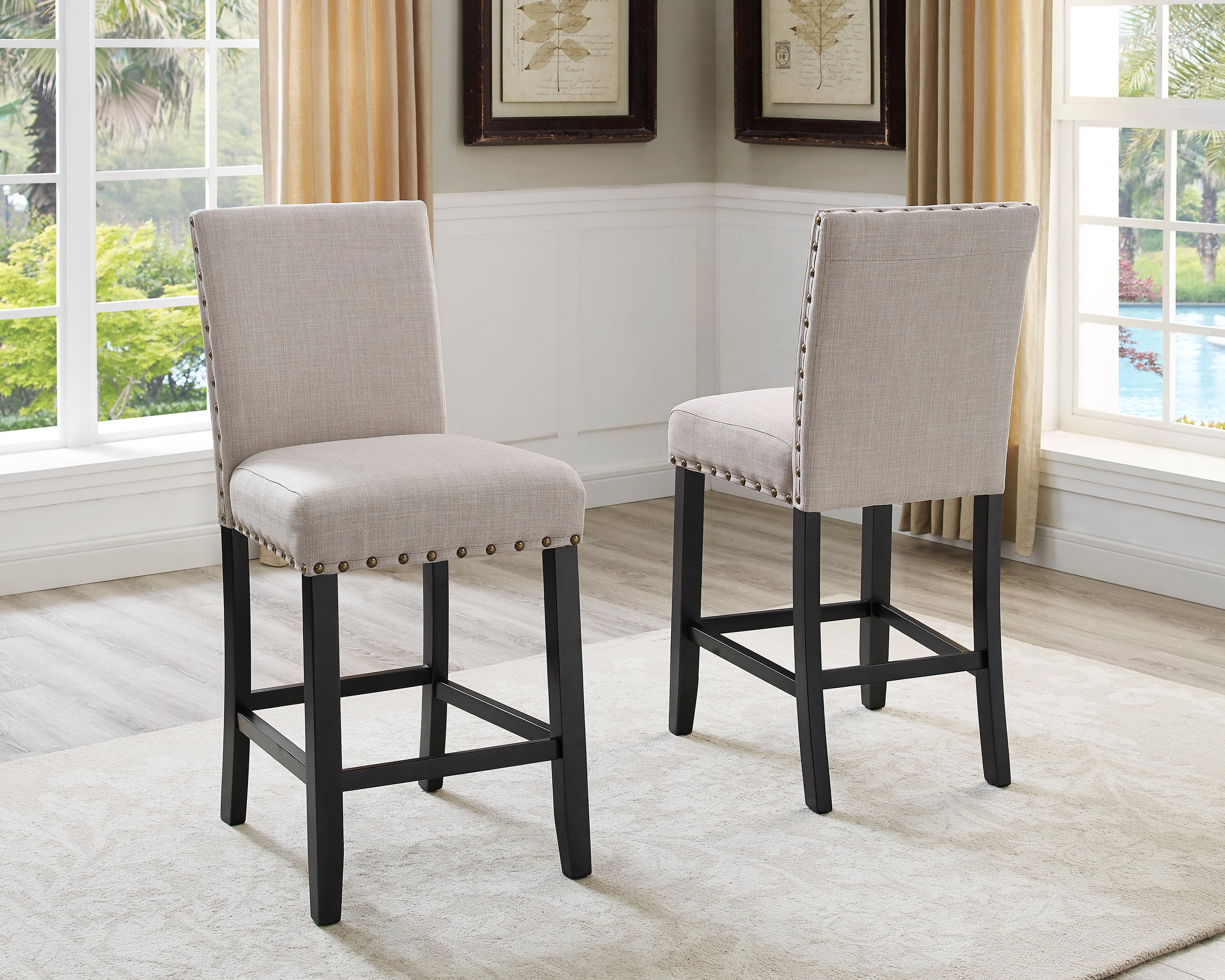Roundhill Furniture Biony Fabric Counter Height Bar Stools with Nailhead Trim, Set of 2 - Modern Kitchen Island & Breakfast Nook Seating for Home & Office