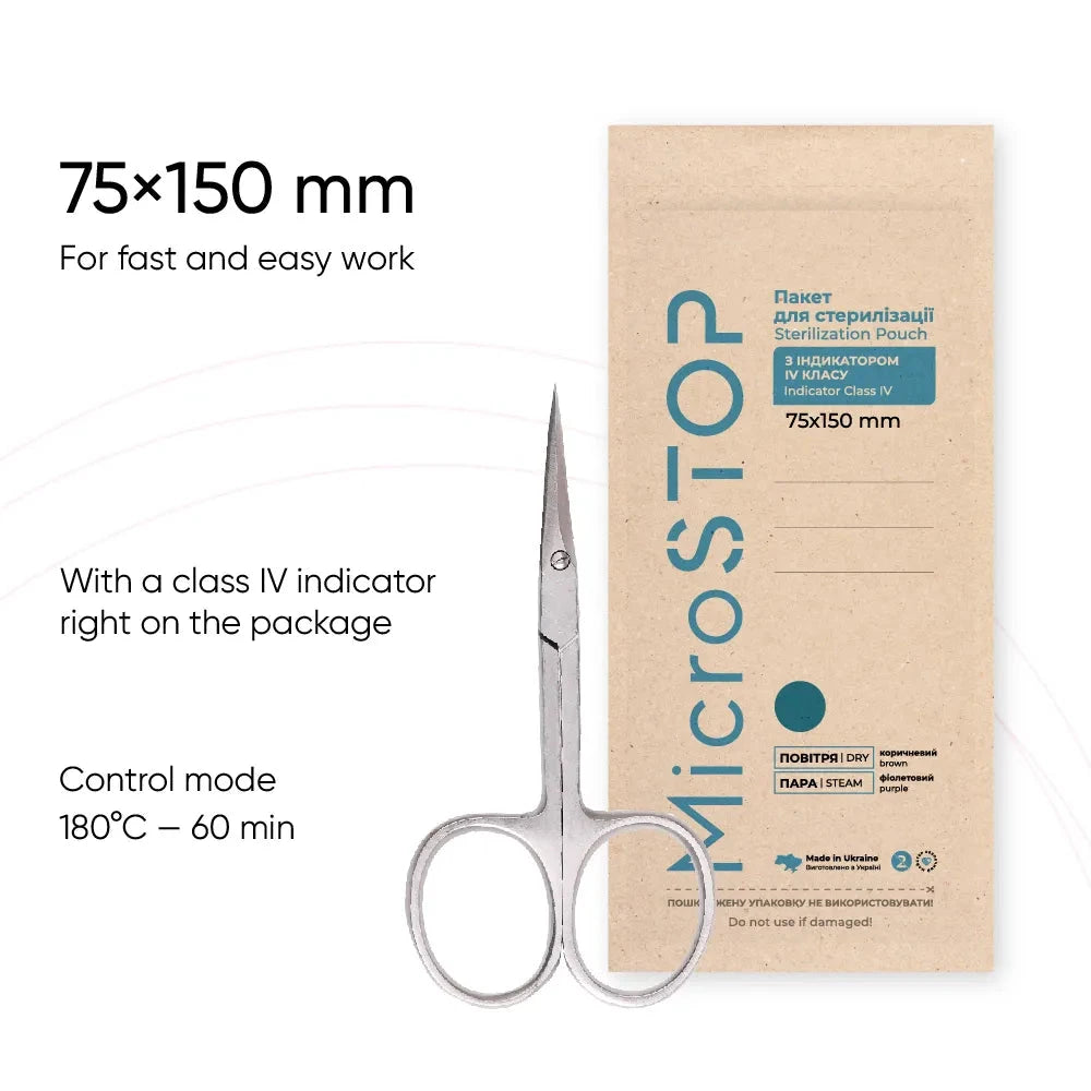 MicroStop ECO Dry Heat Sterilization Pouches with Class 4 Indicator - 75x150mm Kraft Bags (100 Pack) - Ideal for Dental, Medical, and Tattoo Equipment Sterilization