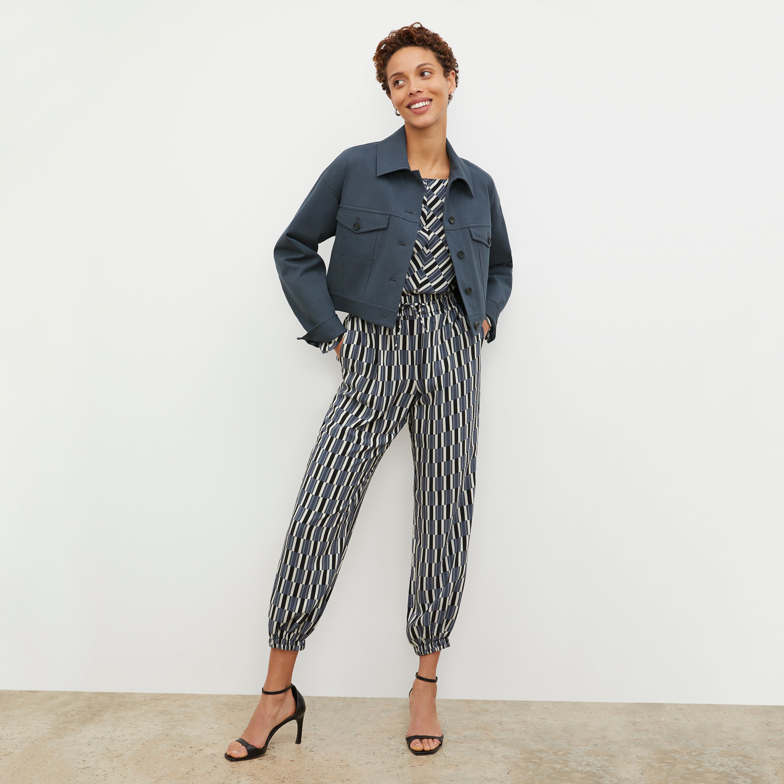 Amelia Jogger Pants - Arpeggio Print Washable Silk Joggers in Blue & Black | Comfortable Lounge Pants for Women | Perfect for Yoga, Travel & Casual Wear