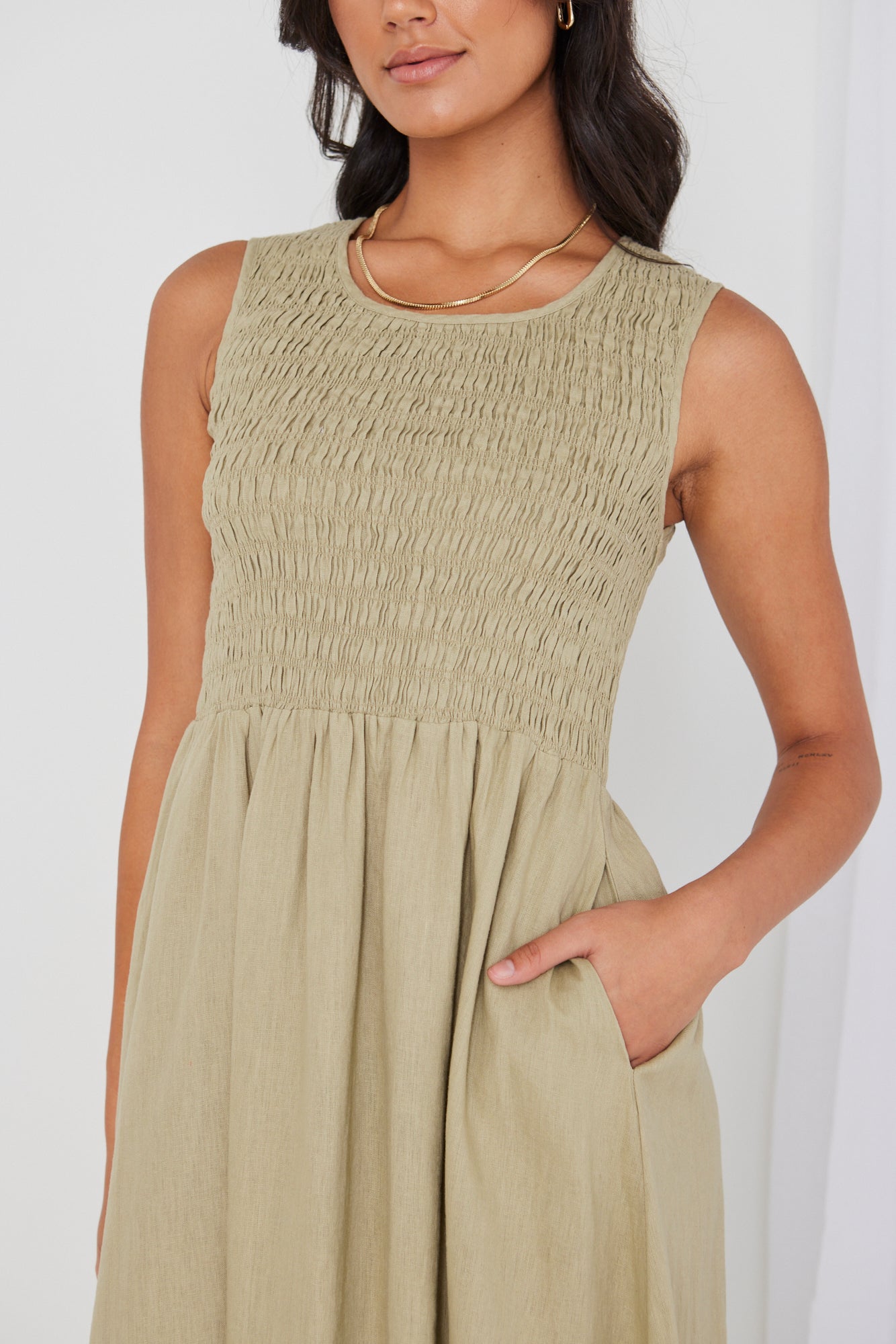 Bryar Light Khaki Linen Sleeveless Shirred Bodice Midi Dress for Women - Summer Beach Vacation & Casual Outfit