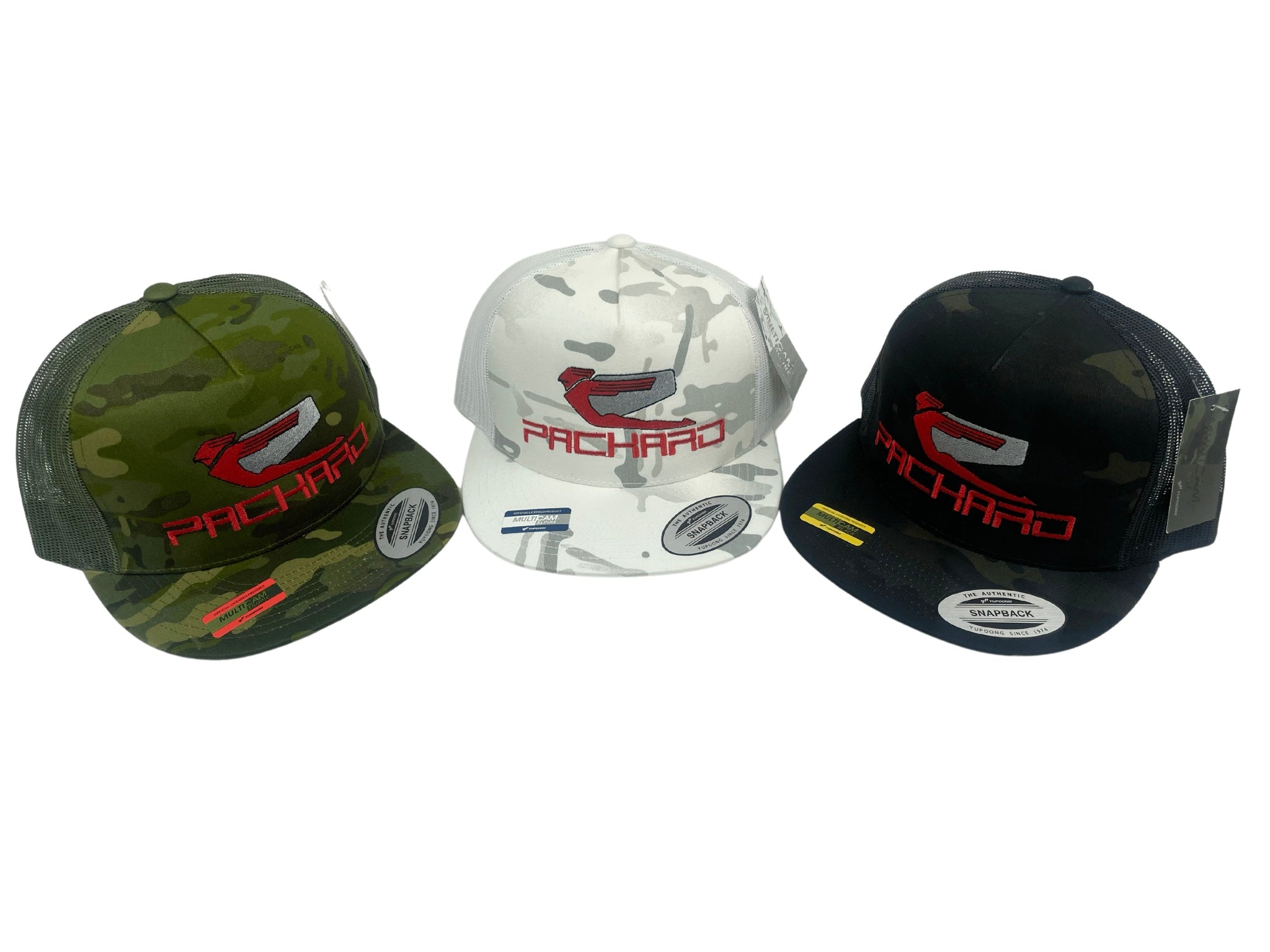Embroidered Trucker Hat with Flat Brim - Red Logo Camouflage Design for Outdoor Activities, Sports & Casual Wear