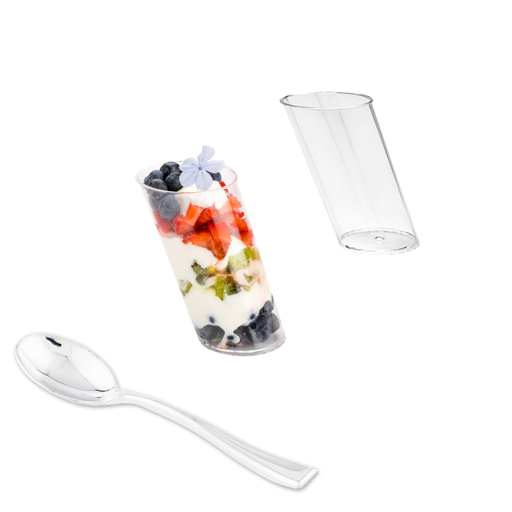 100 Pack 3 oz Clear Plastic Mini Slope Cups with 100 Silver Plastic Mini Spoons - Perfect for Parties, Events, and Dessert Serving