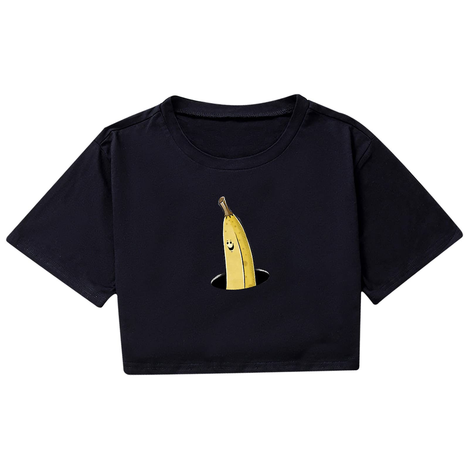 Women's Mrat Cropped Tops - O-Neck Short Sleeve Graphic Tee with Banana Print | Summer Tunic Blouse, Casual Pullover & Office Wear | Perfect for Parties, Holidays & Everyday Outfits | UK Size Available on Sale