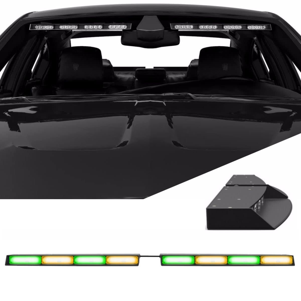 SpeedTech Lights Raptor-X TIR Upper Windshield Interior Split LED Strobe Visor Light Bar - Emergency Vehicle & Police Lights with Cigarette Lighter Plug Controller (Amber/Green Alternating) - Perfect for Roadside Emergencies, Security Vehicles & Nighttime Visibility