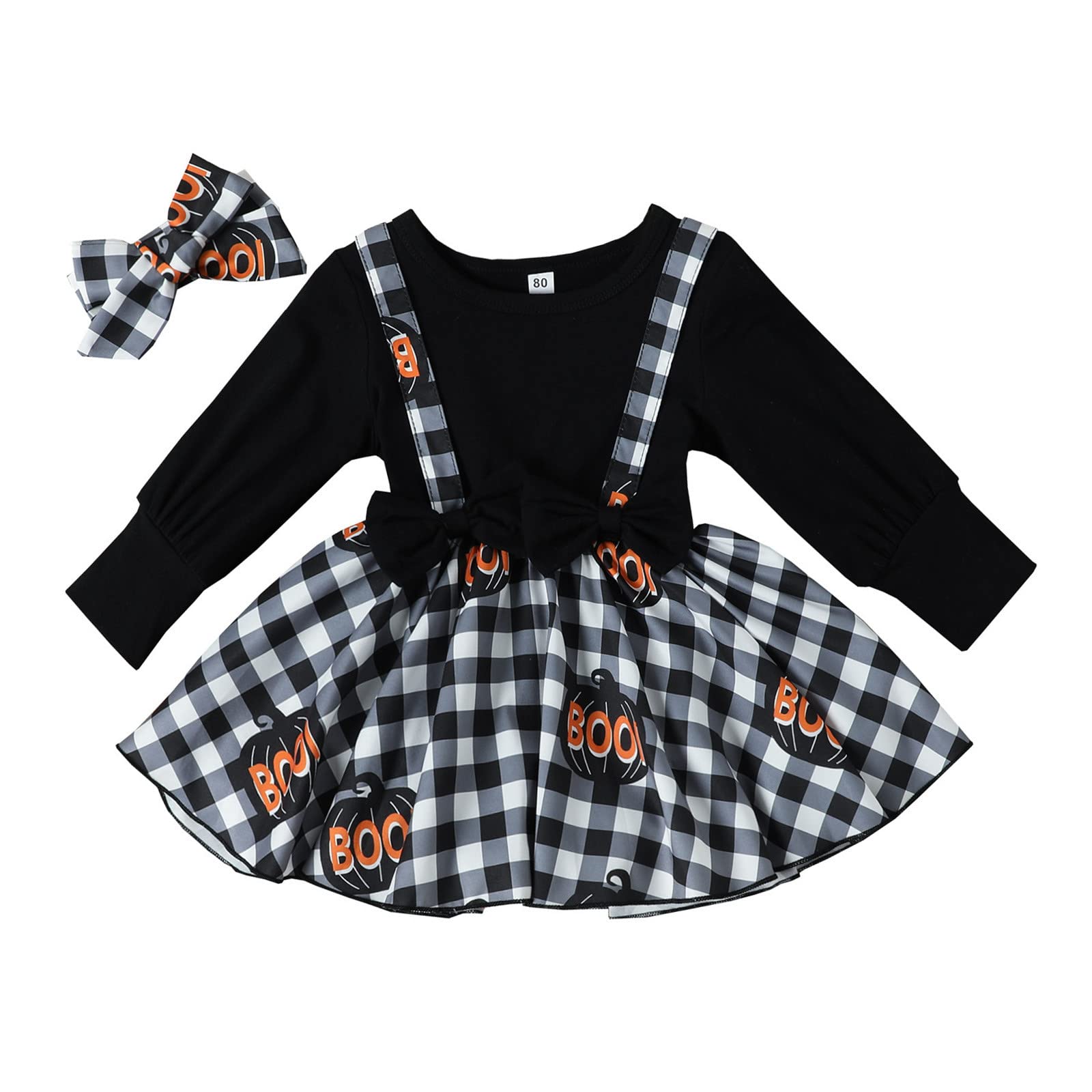 Baby Girl Halloween Long Sleeve Cartoon Plaid Romper with Bowknot - Newborn Infant Bodysuit Dress & Headband Set for Holiday Photos & Costume Parties