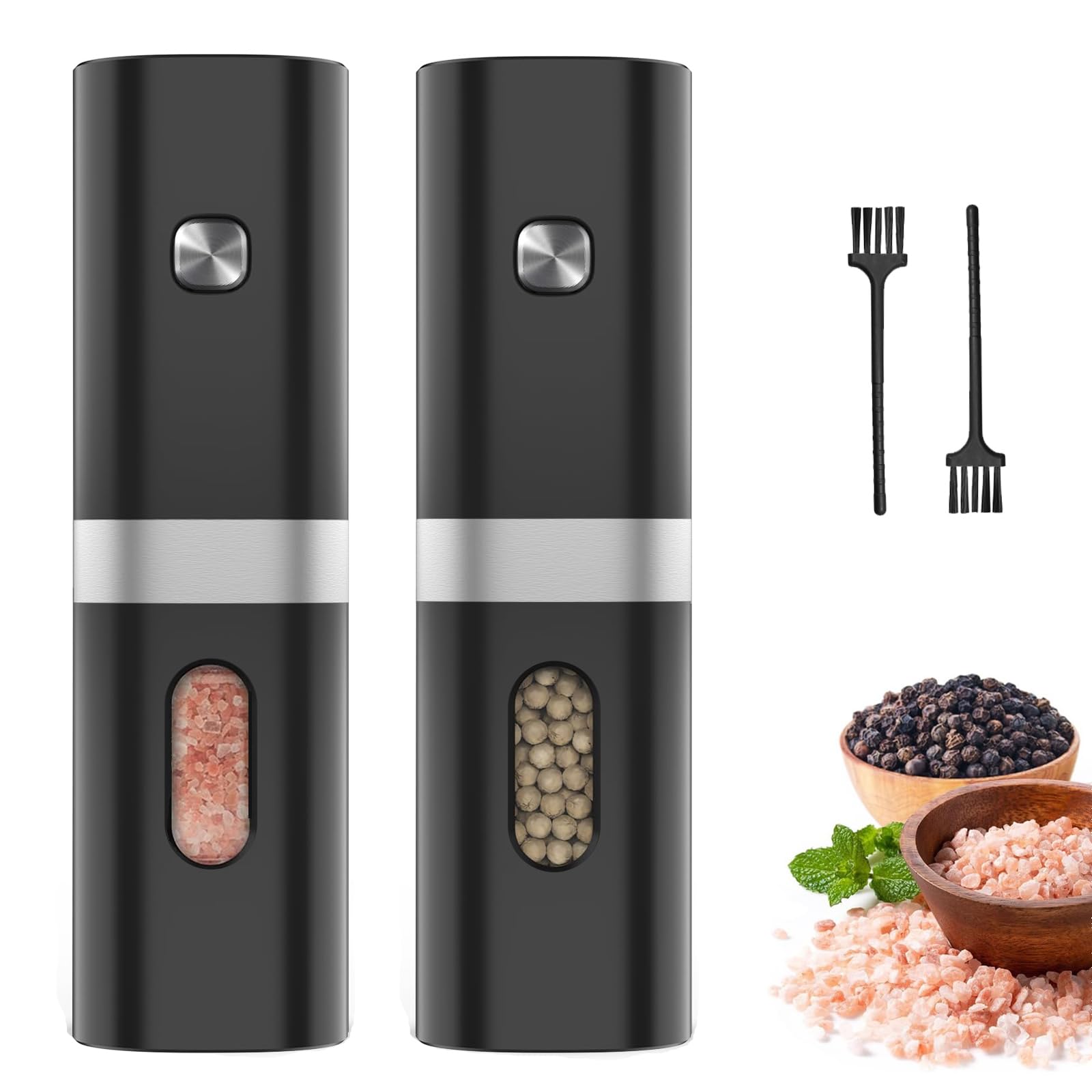 Premium Electric Pepper Grinder & Salt Mill 2-Pack - Battery Operated Automatic Spice Grinder with Adjustable 5-Level Coarseness, LED Light & One-Hand Operation - Perfect for Kitchen, Dining Table & Outdoor Cooking (Batteries Not Included)