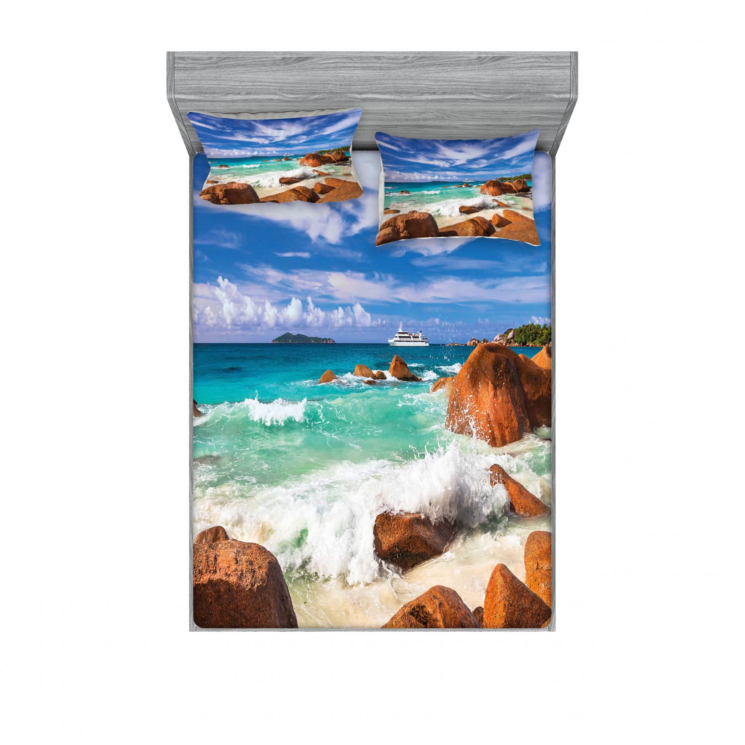Ambesonne Tropical 2-Piece Queen Size Fitted Sheet Set with 4 Pillow Shams - Rocky Coast Seychelles Ocean Theme Bedding in Cinnamon Blue Turquoise - Soft Wrinkle-Resistant Sheets for Beach House, Guest Room & Vacation Home Decor