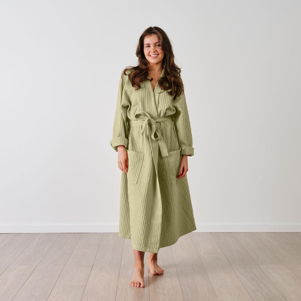 Linen House Keaton Gumtree Waffle Bathrobe - Soft & Absorbent Cotton Terry Robe for Women & Men | Perfect for Spa, Hotel, and Home Relaxation After Shower or Bath
