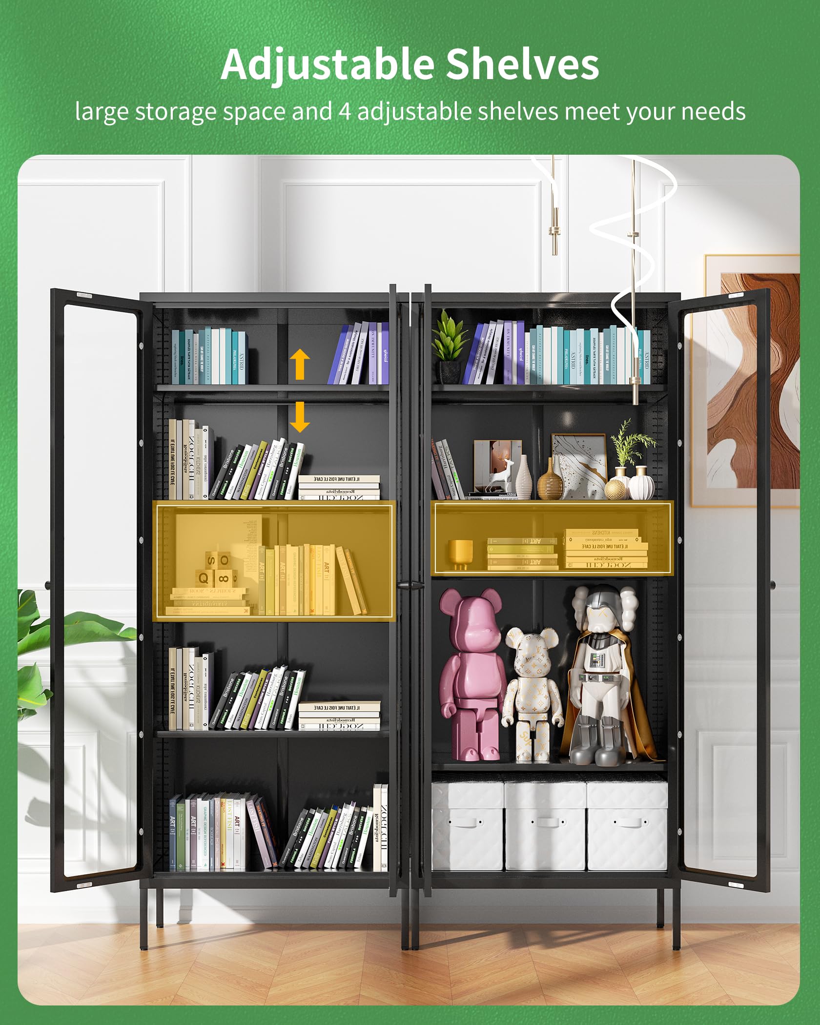 Greenvelly Black Metal Storage Cabinet with Glass Doors - 4-Shelf Modern Bookcase for Home Office, Living Room & Pantry - Display & Organize Collectibles, Books & Decor