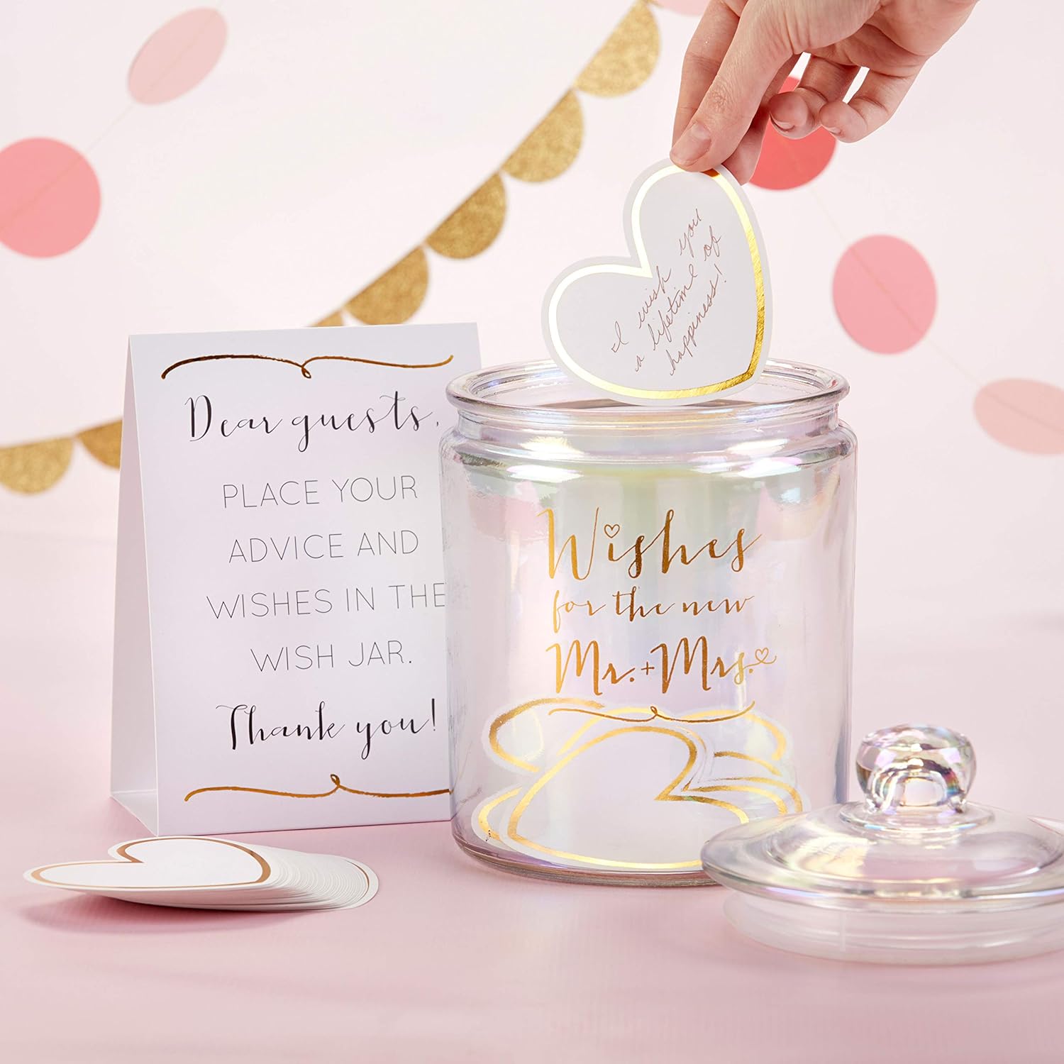 Beautiful Iridescent Wedding Wish Jar with Heart-Shaped Cards - Perfect for Bridal Showers, Wedding Guest Books & Anniversary Gifts