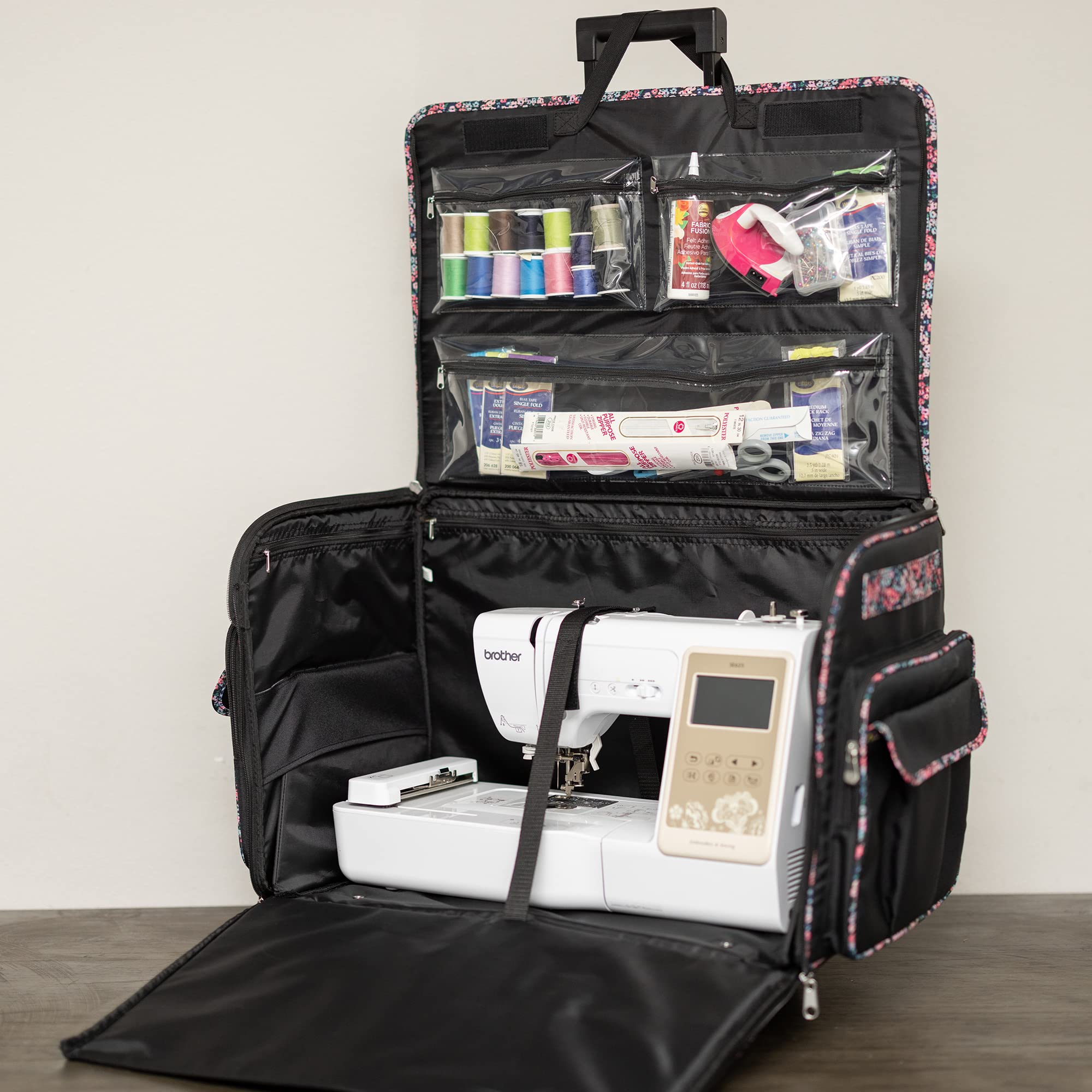Everything Mary XXL Rolling Sewing Tote Bag - Universal Travel & Craft Storage Case for Brother/Singer Sewing Machines (Black Floral) - Perfect for Sewing Classes, Quilting Projects & Machine Transport
