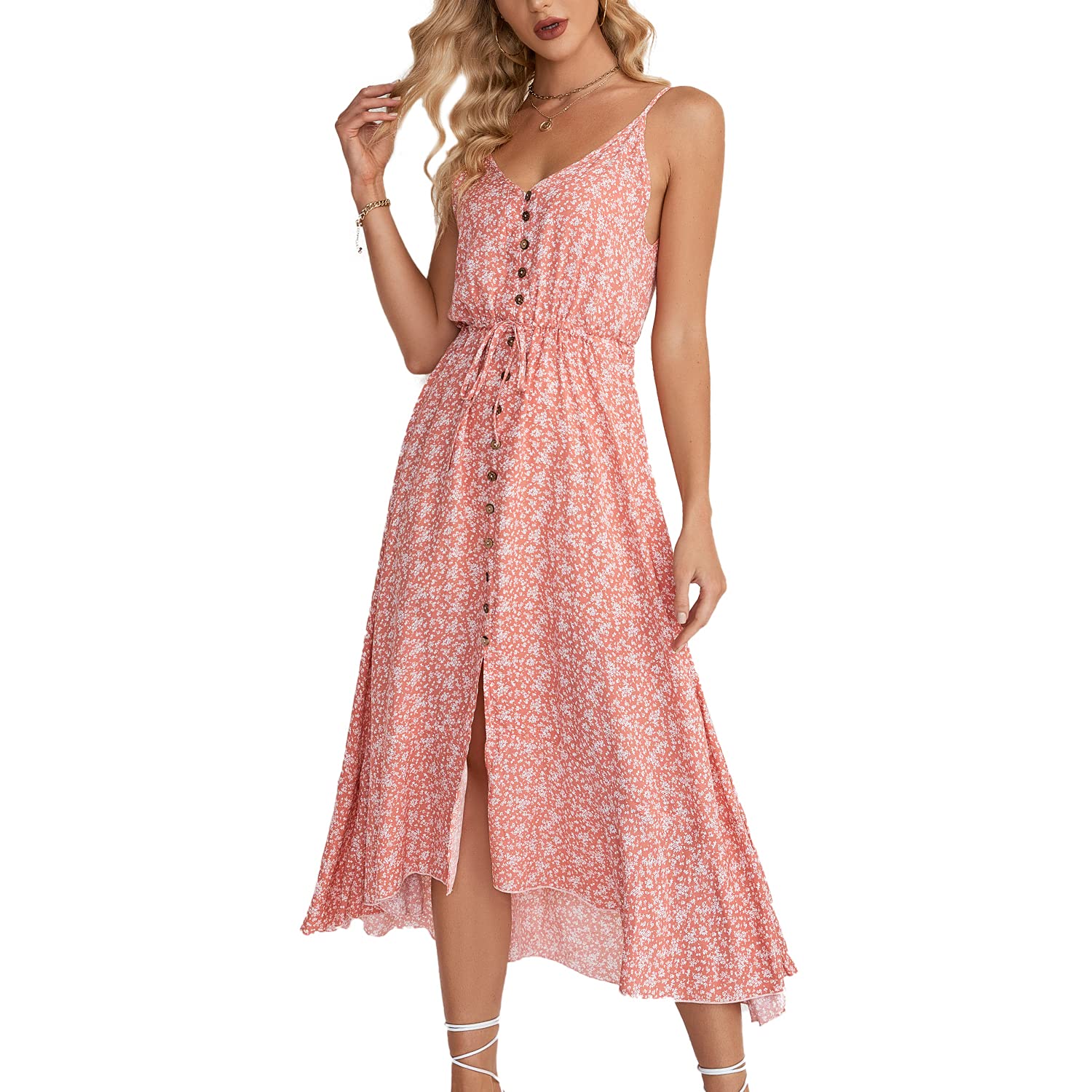BROVAVE Women's 2025 Summer Casual Boho Sundress - Polka Dot Spaghetti Strap V-Neck Flowy Midi Dress for Beach, Vacation & Outdoor Parties