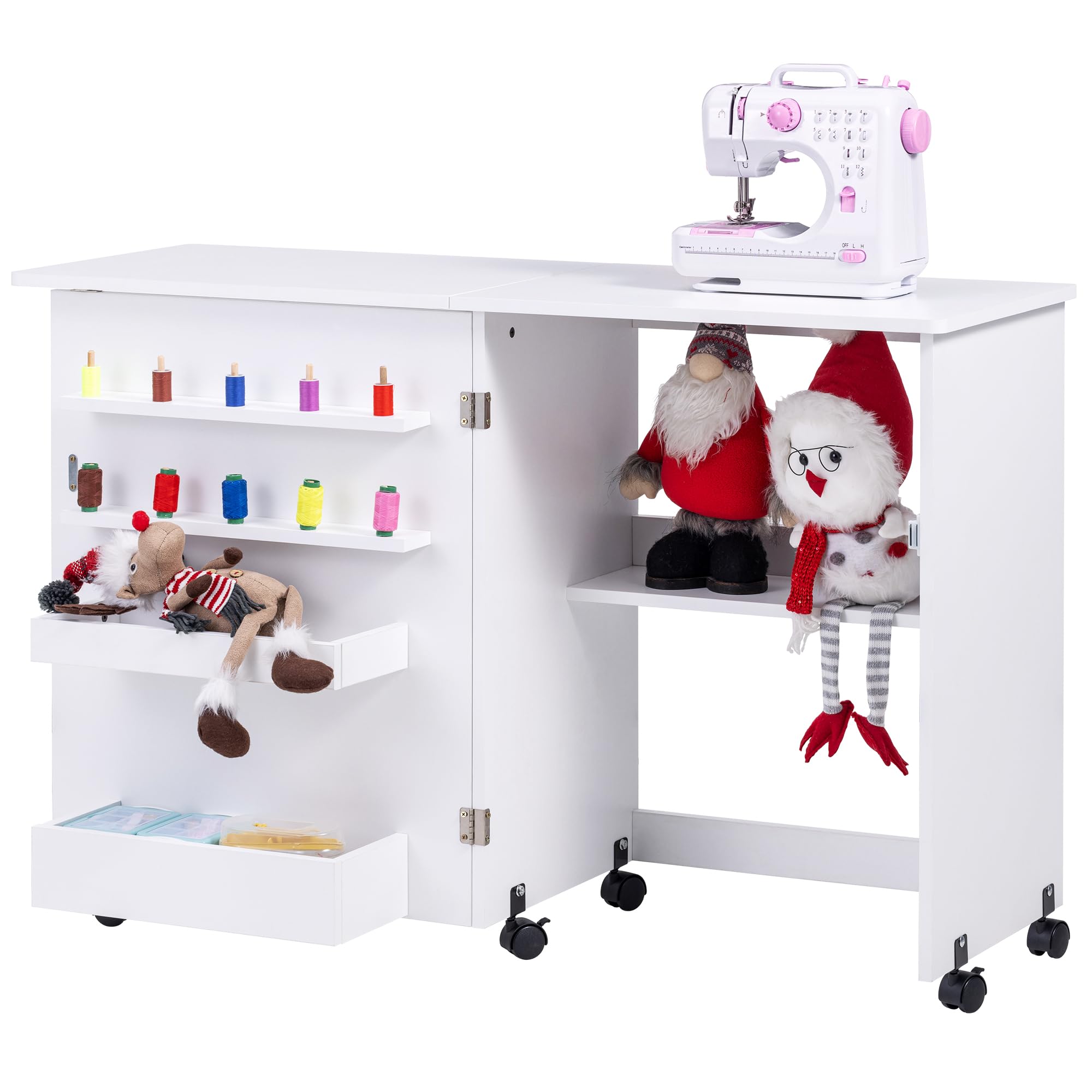 Foldable Sewing Table with Wheels & Storage - Compact Multi-Purpose Sewing Machine Table with Shelves, Bins, Pegs & Magnetic Locks (White) | Perfect for Small Spaces, Craft Rooms & Home Sewing Projects