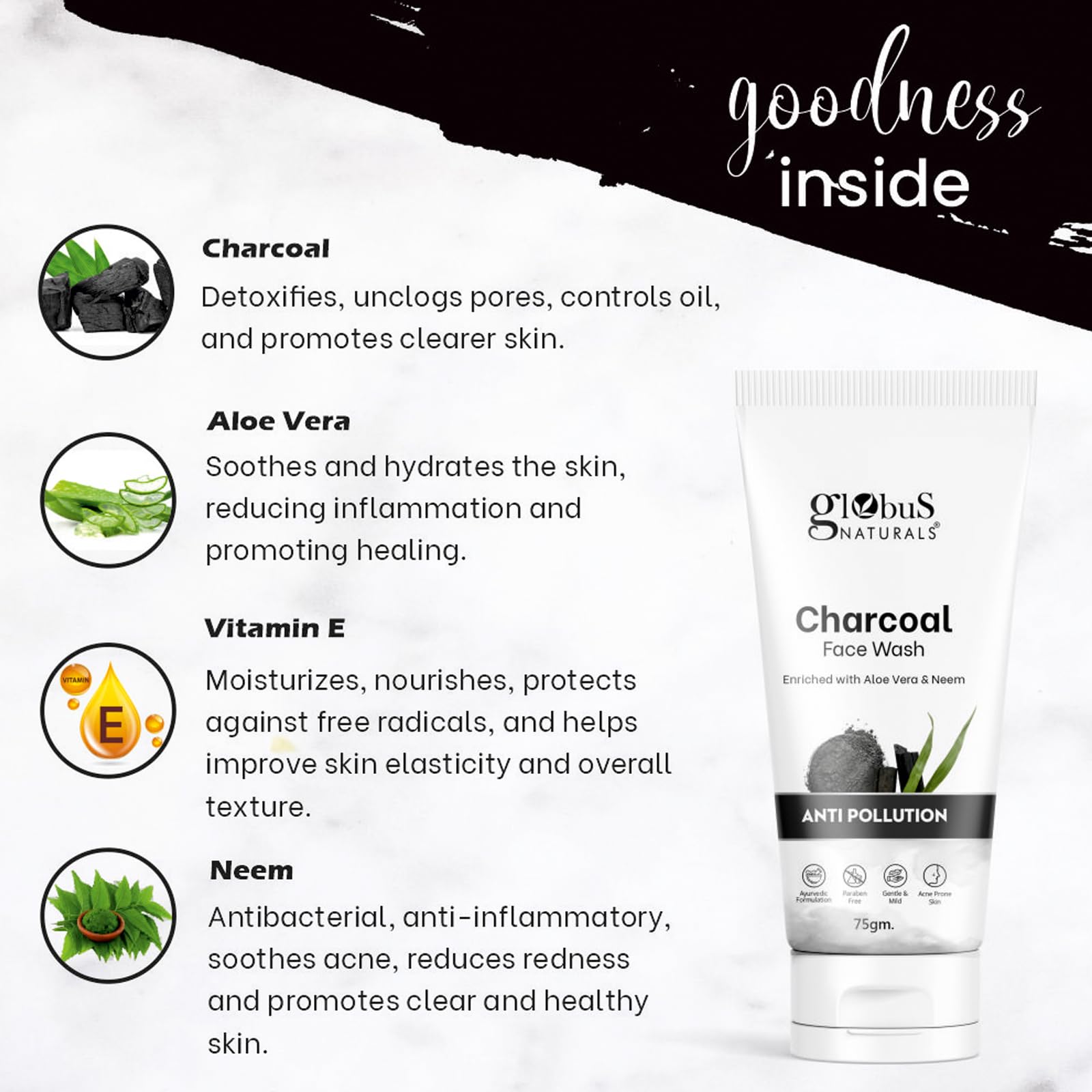 Globus Naturals Anti-Pollution Charcoal & Tea Tree Oil Face Wash for Oily & Acne-Prone Skin - 75g (Pack of 2) | Deep Cleansing, Detoxifying & Oil Control for Daily Skincare Routine