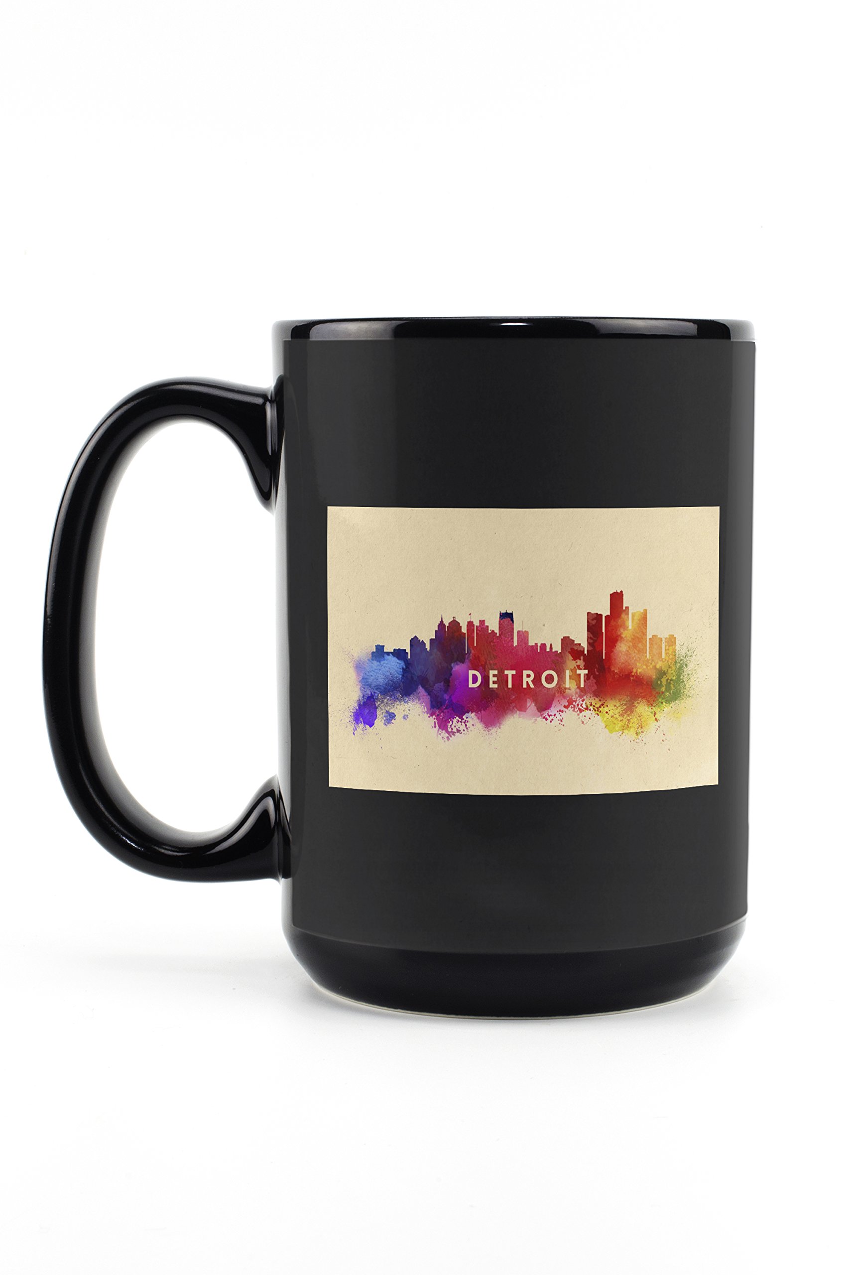 Lantern Press Detroit Michigan Skyline Abstract Tan 15oz Black Ceramic Coffee Mug - Microwave & Dishwasher Safe - Perfect for Home, Office & Gifts
