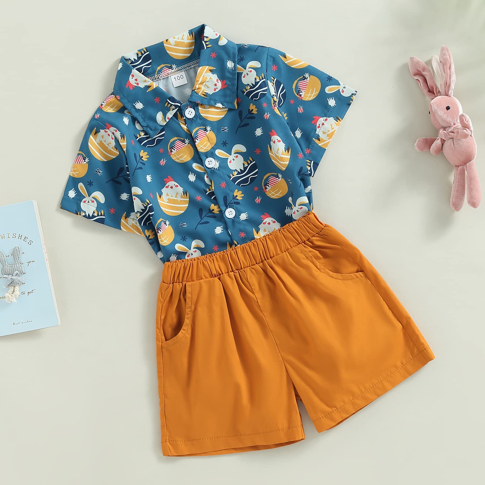 Easter Outfits for Toddler Boys - Bunny & Egg Print Short Sleeve Button Down Shirt with Matching Solid Shorts Set | Summer Church, Easter Egg Hunt & Family Photo Outfits