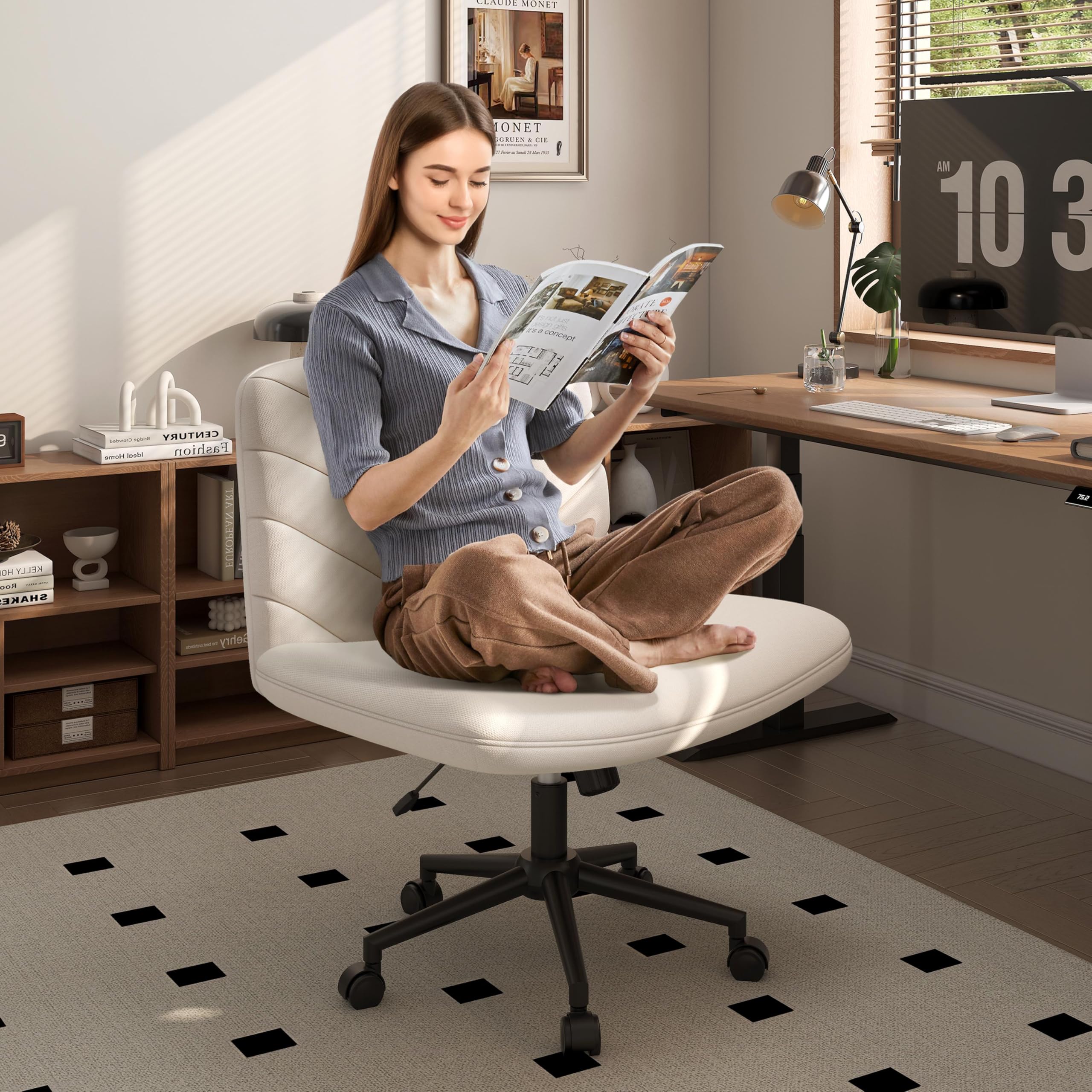 Yaheetech Ergonomic Wide Criss Cross Chair with Wheels - Adjustable Swivel Armless Office Chair for Home & Workspace, Comfortable Computer Desk Chair for Work, Gaming & Study - Beige Modern Vanity Chair for Bedroom & Dressing Room
