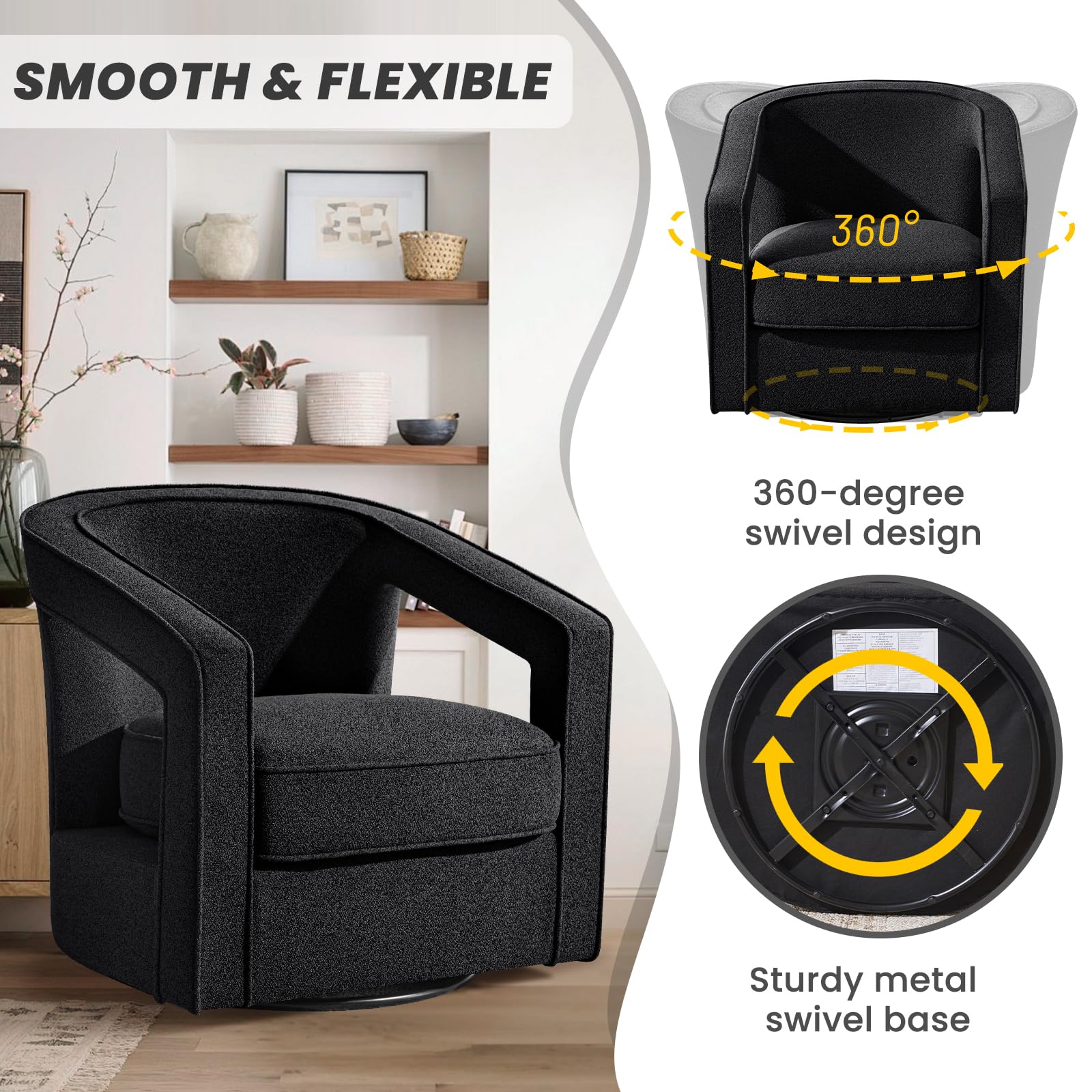 Furniliving Chenille Swivel Accent Chair - Upholstered Barrel Chair with Curved Back for Living Room, Bedroom, Home Office - Comfortable Reading Chair for Relaxing, Working & Decorating - Black