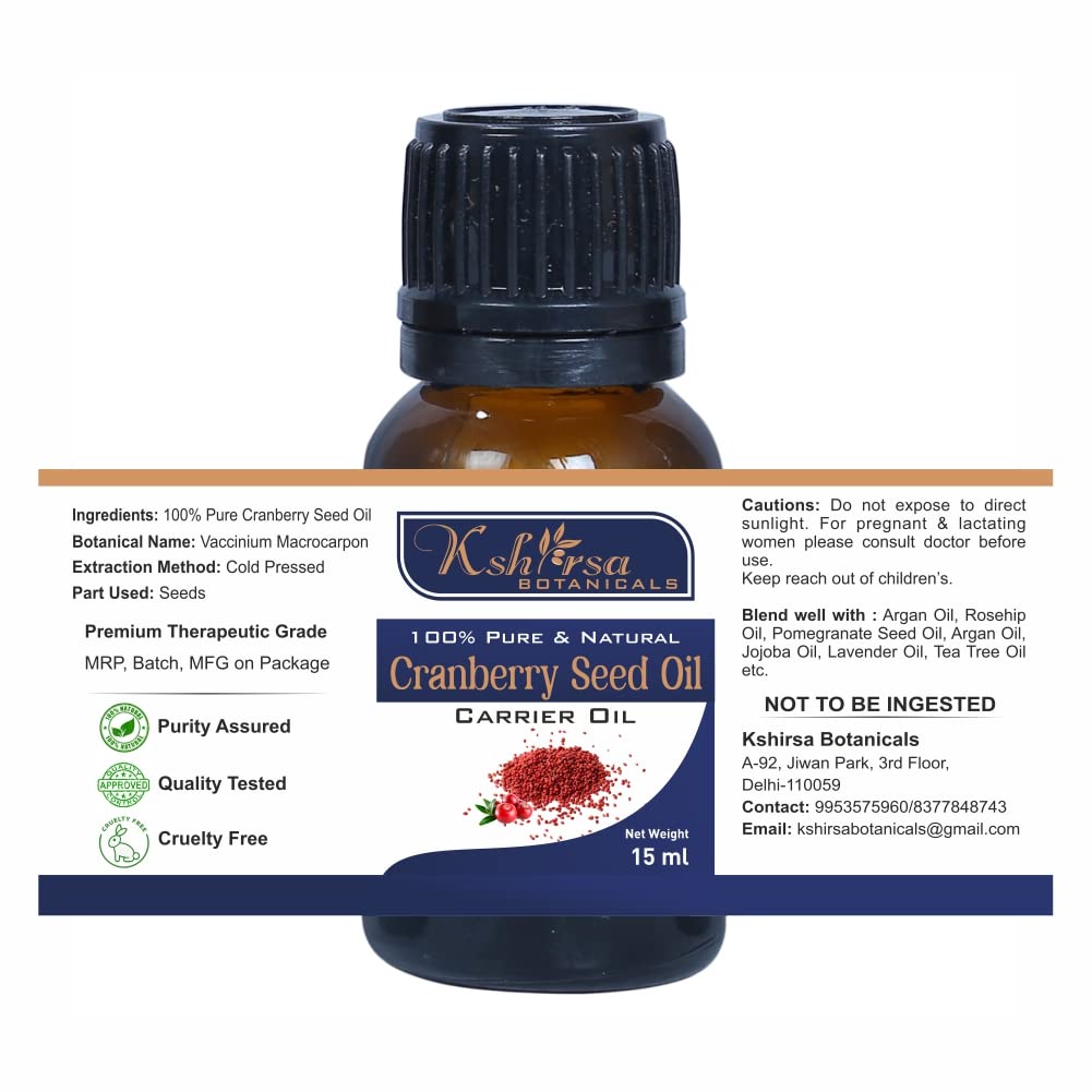 100% Pure & Natural Cranberry Seed Oil (Vaccinium Macrocarpon) - 0.5 oz with Euro Dropper for Skin Care, Hair Growth & Aromatherapy | Anti-Aging Facial Serum, Dry Scalp Treatment & Massage Oil