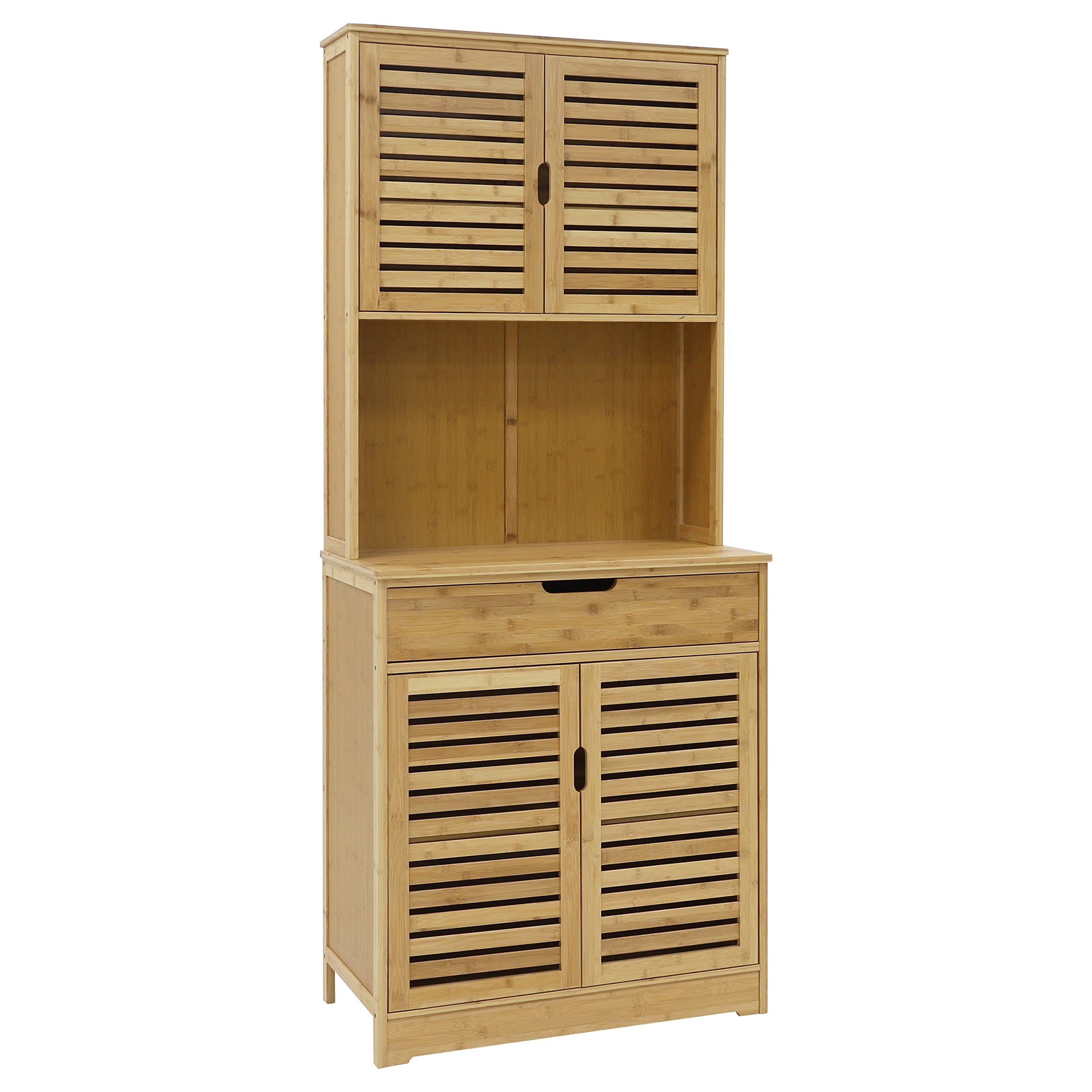 MUPATER 72 Inch Bamboo Kitchen Pantry Cabinet with Microwave Stand - Freestanding Storage Hutch with Shelves, Cupboard & Drawer for Home Organization - Perfect for Small Kitchens, Apartments & Dining Room Storage