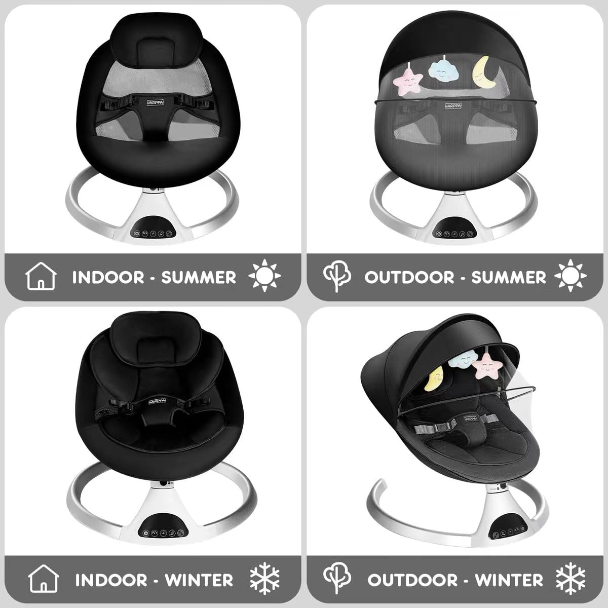 HARPPA Electric Baby Swing for Infants to Toddlers - Portable Baby Swing with 5 Speed Settings, Remote Control, Music Speaker, 12 Lullabies & Bluetooth (Black) - Perfect for Newborn Boys & Girls at Home, Travel, and Nursery