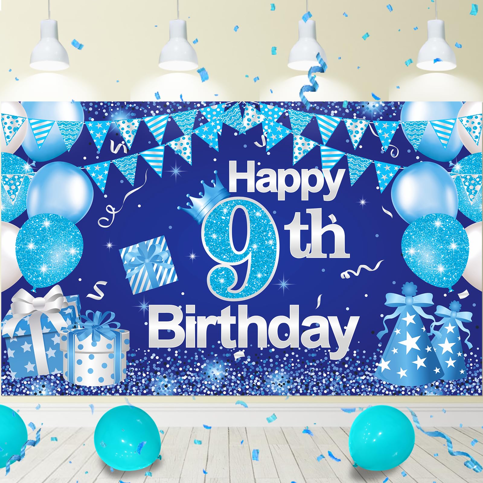 Blue 9th Birthday Backdrop Decorations for Boys - 43.3'' x 70.8'' Happy Birthday Banner - Perfect for 9 Year Old Boy's Party, Cake Table, Photo Booth & Wall Decor