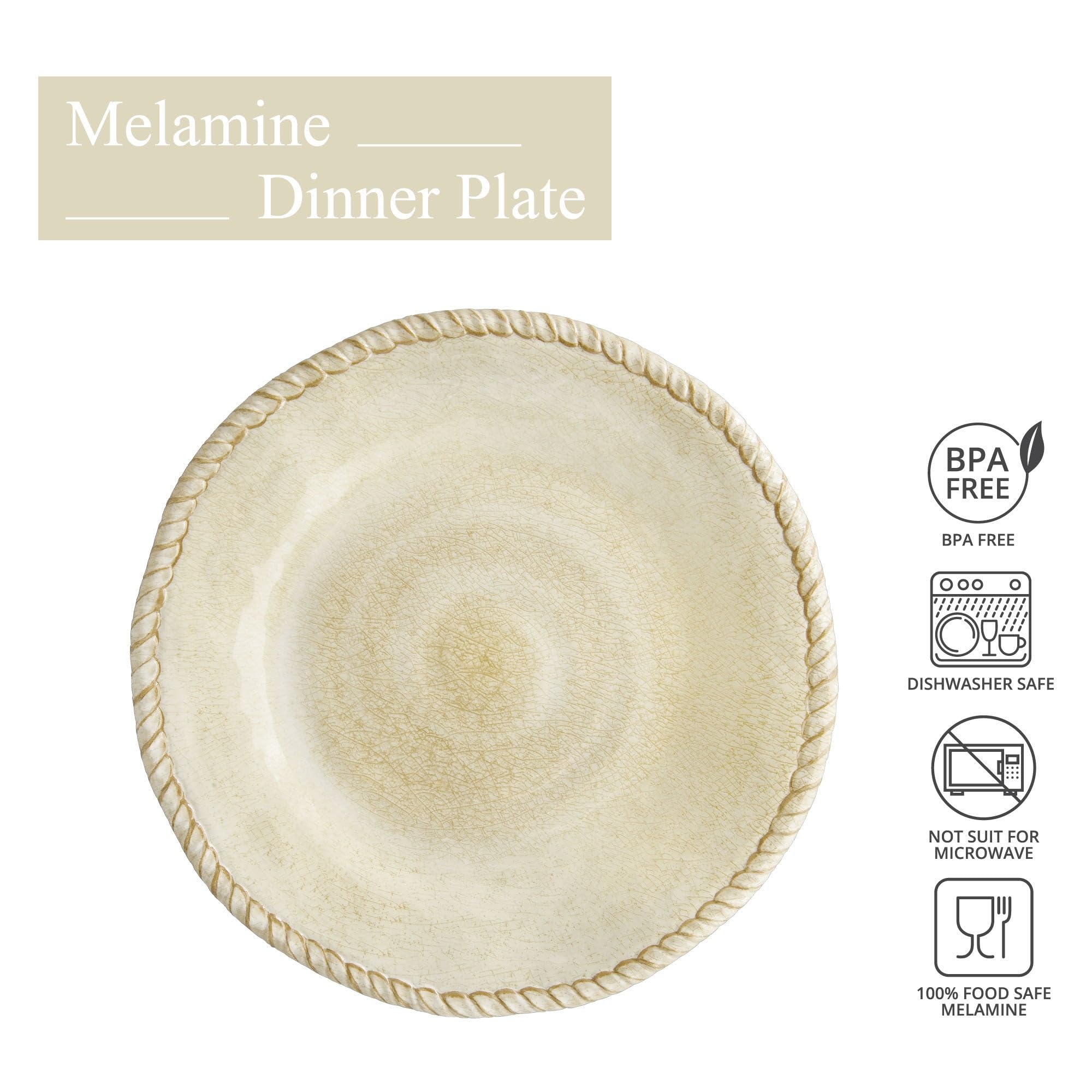 UPware 6-Piece Melamine Dinner Plates Set - BPA-Free, Dishwasher Safe, 11 Inch for Main Course, Pasta & Salad - Perfect for Outdoor Dining & Parties (Rope, Sand)