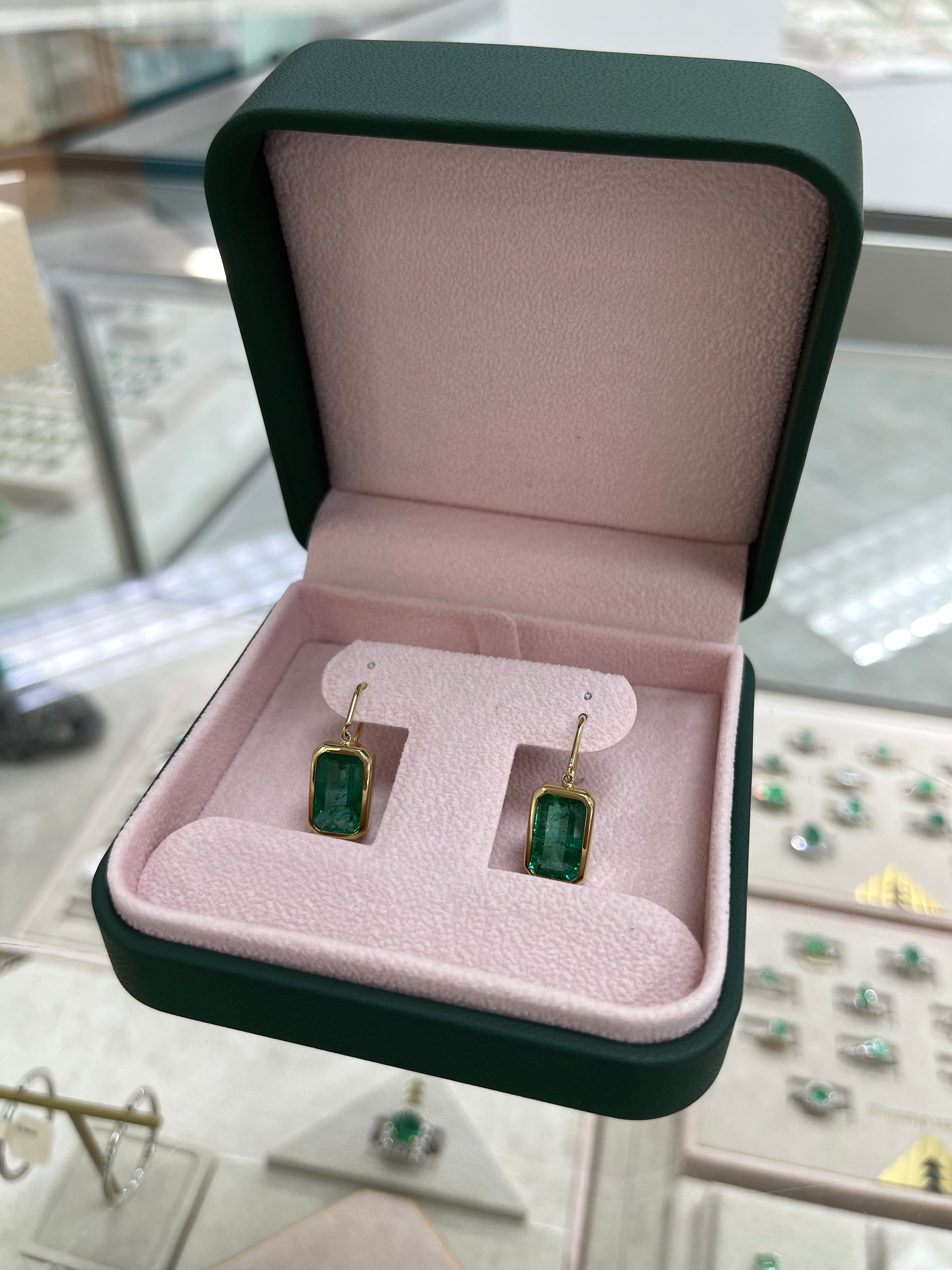 7.90tcw Deep Green Natural Emerald Bezel Set Drop & Dangle Hook Earrings in 18K Gold - Elegant Jewelry for Weddings, Parties & Special Occasions