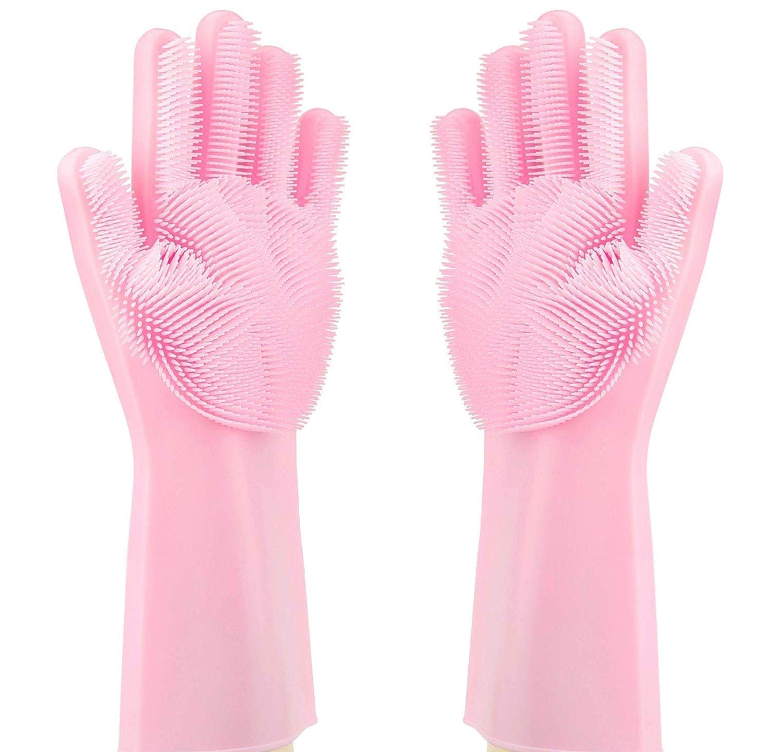 Heat Resistant Reusable Silicone Cleaning Gloves with Scrubber - Dish Washing, Car Cleaning, Pet Hair Removal - 1 Pair Multicolor (Perfect for Kitchen, Bathroom & Outdoor Use)