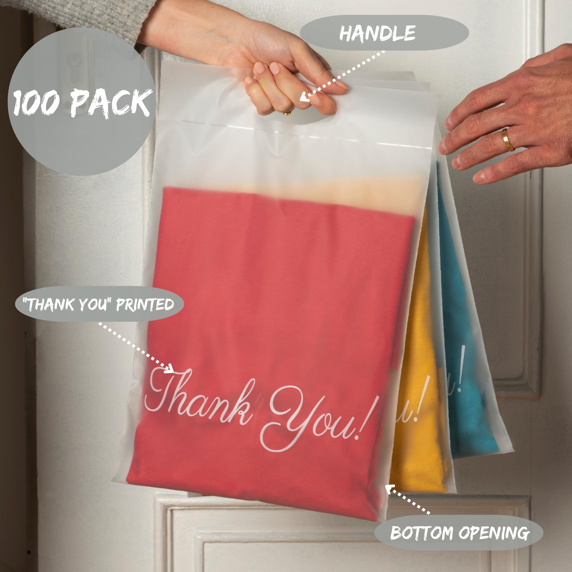 10x13 Frosted T-Shirt Bags - 100 Pack Durable Handle Shipping Bags for Clothes, Small Business & Ecommerce | Perfect for Retail Packaging, Online Orders & Thank You Gifts