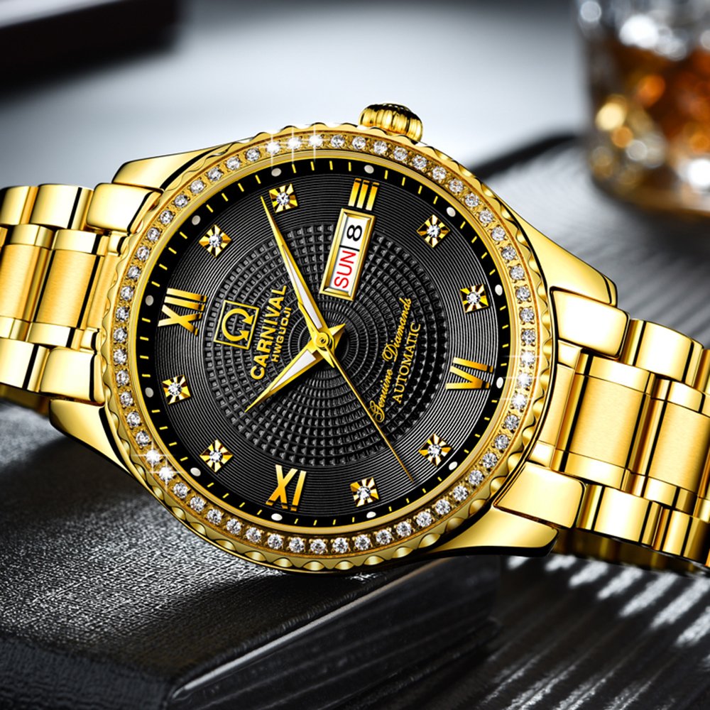 Luxury Automatic Men's Watch - Gold Stainless Steel Case with Sapphire Crystal Glass, Waterproof Black Dial Watch for Business & Formal Occasions