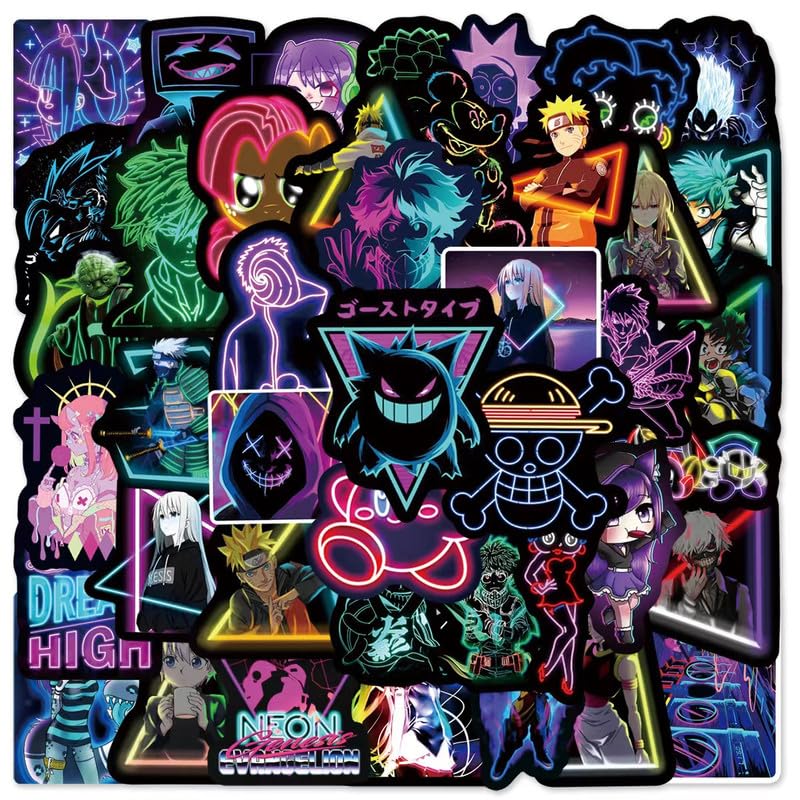 FUNNWISH 50-Piece Anime Sticker Pack - Neon Sign & Aesthetic Vinyl Stickers for Water Bottles, Laptops, Kids & Teens - Cute Meme Stickers Collection - Perfect for DIY Crafts, School Supplies & Teen Girl Gifts