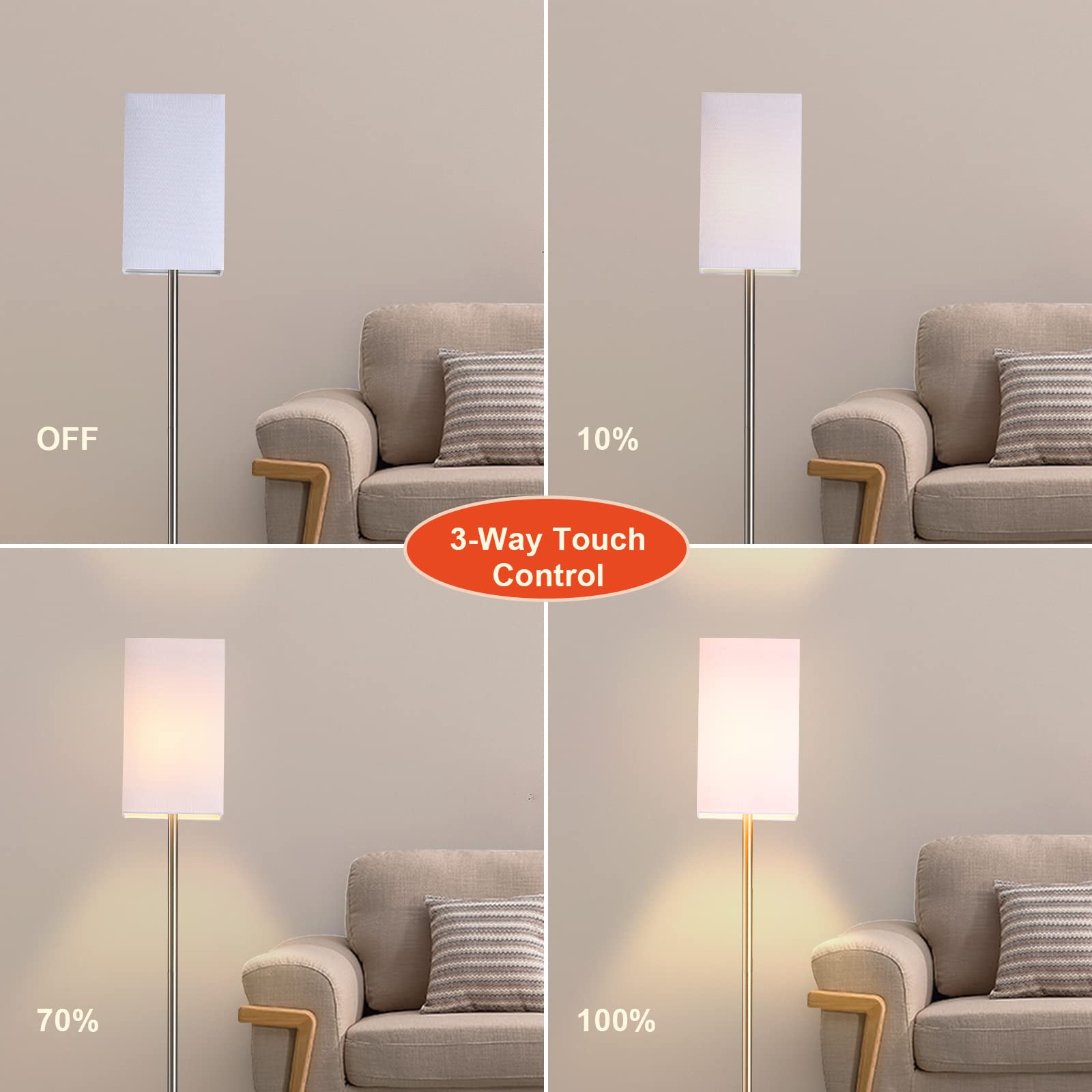 3-Way Dimmable Touch Control Modern Floor Lamp with Pull Chain Switch - Adjustable Brightness for Living Room, Bedroom, Office & Reading Corner