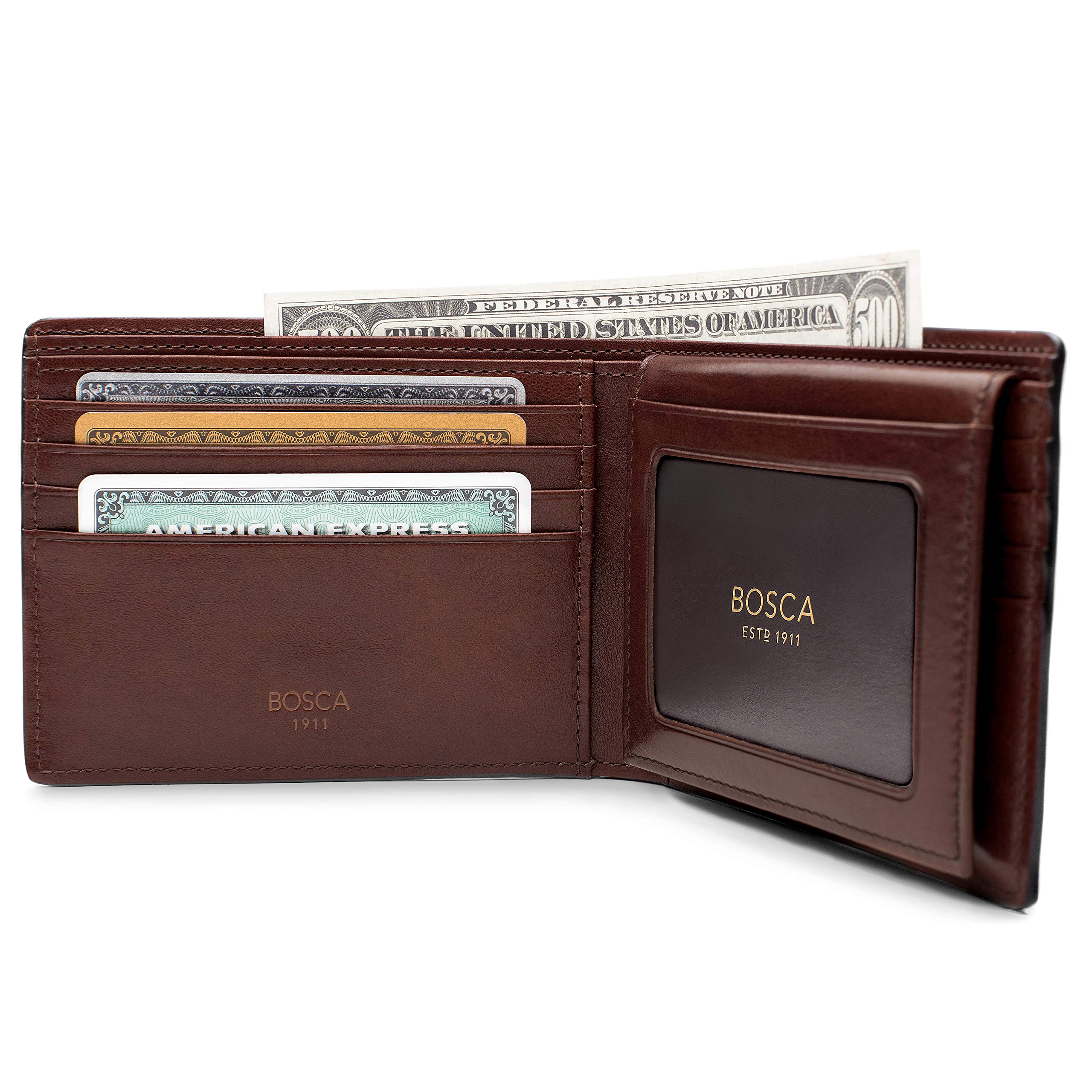 Premium Bosca Men's Leather Wallet - Genuine Italian Dolce Leather Bifold Wallet with 8 Card Slots & Removable ID Case | Hand-Stitched Detailing, Polished Dark Brown Finish | Perfect Gift for Father's Day, Birthday & Business Professionals