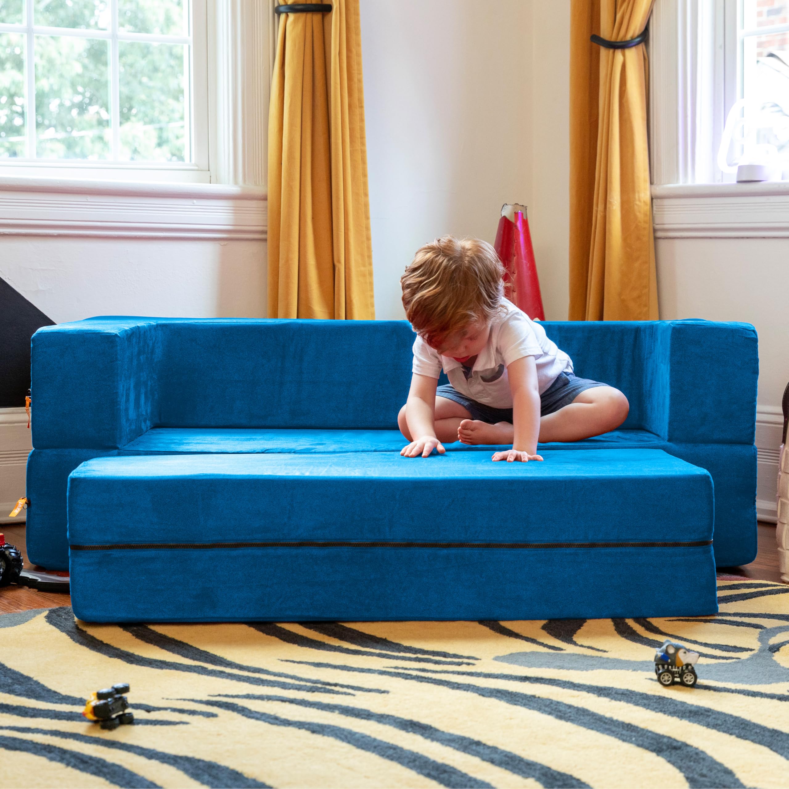 Jaxx Zipline Kids Sofa & Large Ottoman 3-in-1 Fold Out Convertible Sofa Bed - Big Kids Edition in Blueberry - Perfect for Playroom, Bedroom or Lounge Area