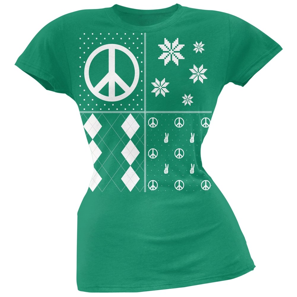 Peace Sign Festive Blocks Ugly Christmas Sweater - Green Soft Juniors T-Shirt for Women | Holiday Party Outfit, Funny Xmas Gift, Casual Winter Wear