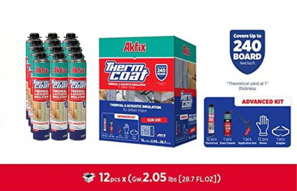 AKFIX Thermcoat Spray Foam Insulation Kit (240 Board Feet) - Professional Polyurethane Expanding Foam for Walls, Attics & Crawl Spaces | Closed Cell Spray Foam Insulation | 12 Pack | Ideal for Home Insulation, Soundproofing & Air Sealing Projects