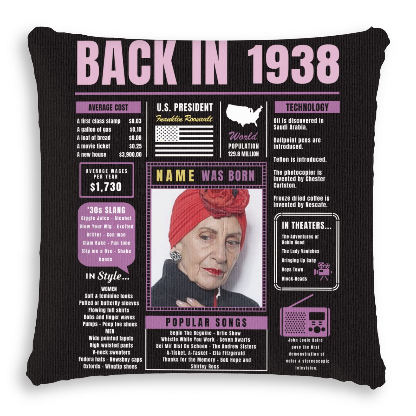 86th Birthday Gifts for Women & Men - Purple Custom Throw Pillow with 1938 Design, Super Soft Sofa Pillowcase for 86 Year Old Birthday Party Decorations | Perfect for Grandparents, Couples & Family Celebrations