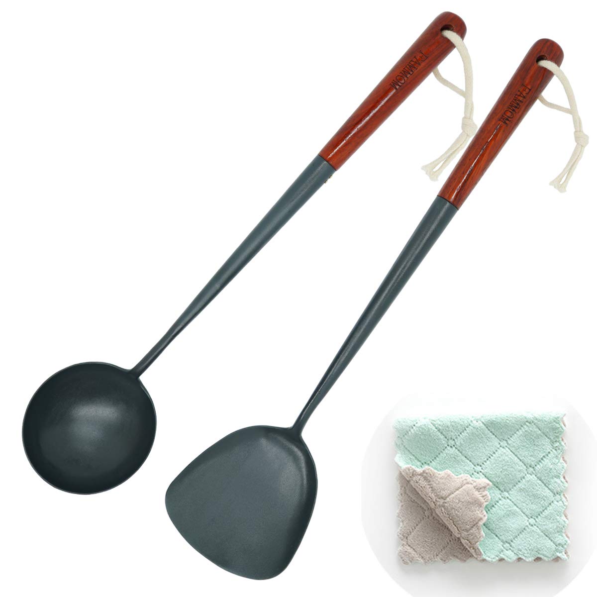 Traditional Hand Hammered Iron Wok Spatula with Long Rosewood Handle - Thickened Stir-Fry Turner, Anti-Scalding Spatula & Ladle for Asian Cooking - Perfect for Stir-Frying, Flipping, and Serving in Professional Kitchens & Home Cooking