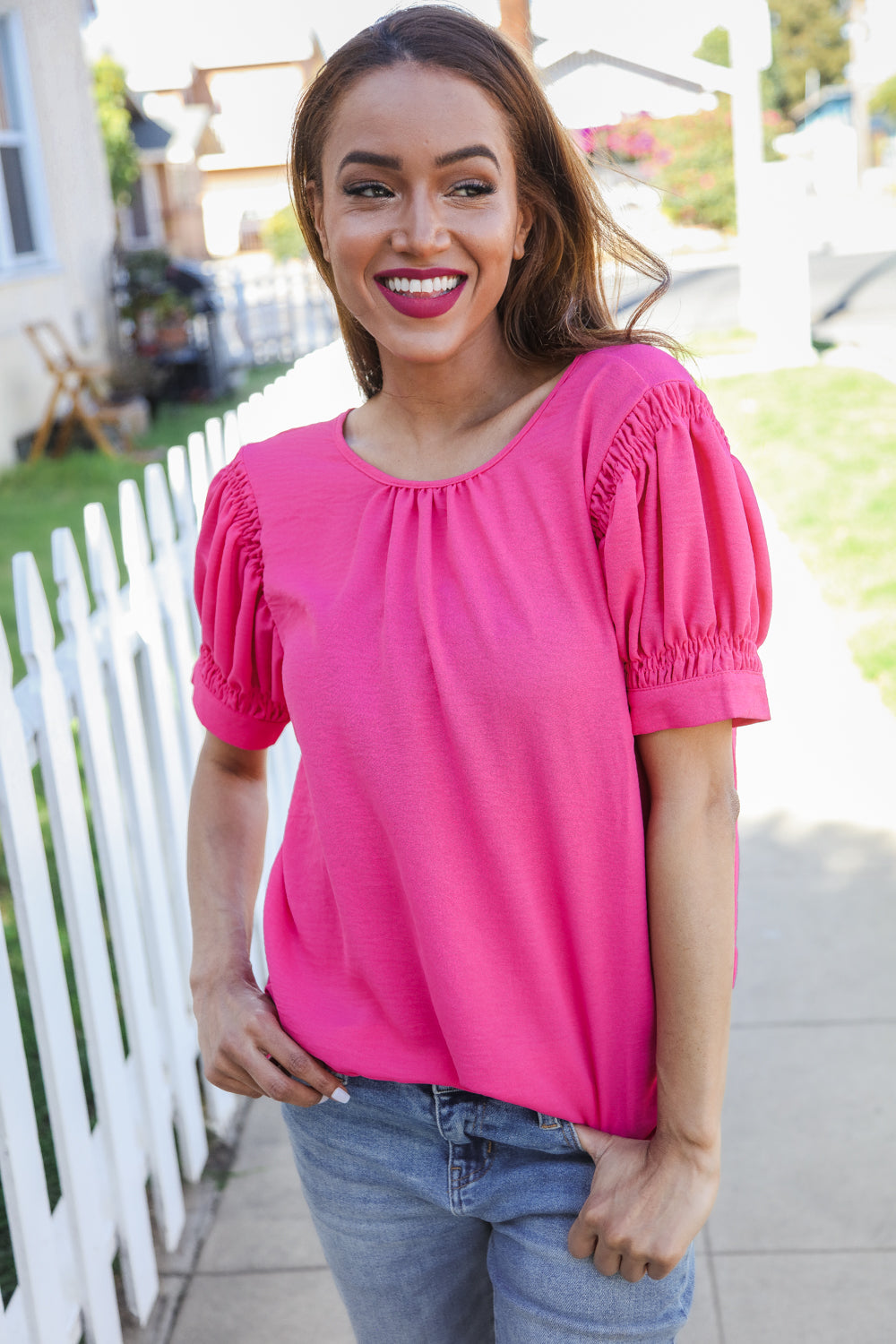 Perfectly You Solid Fuchsia Silk Shirred Cap Short Sleeve Blouse for Women | Elegant Casual & Office Wear | Summer Fashion Top