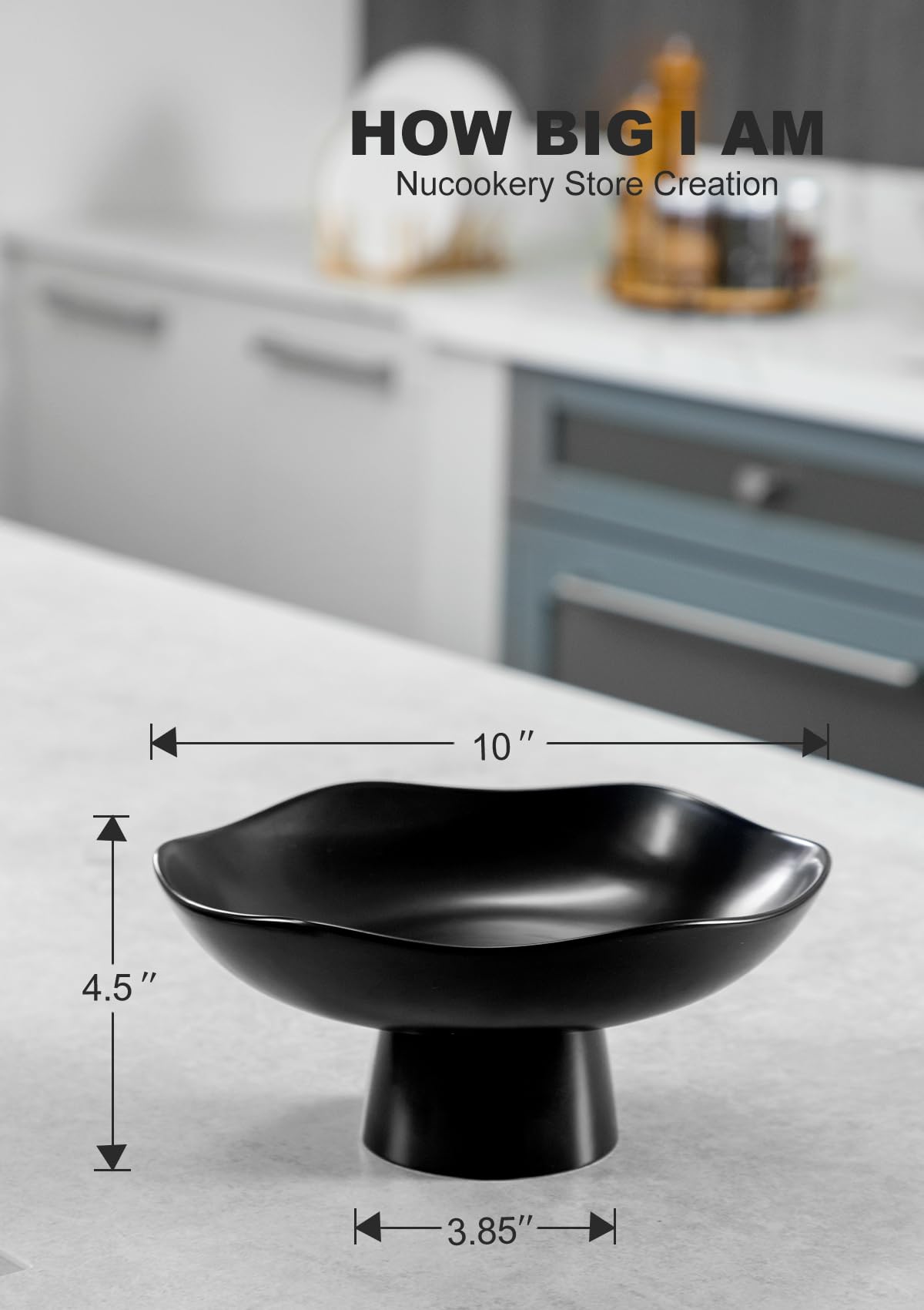 Nucookery 10-Inch Ceramic Fruit Bowl - Modern Matte Black Kitchen Countertop Decor for Fruits, Bread & Vegetables | Large Decorative Serving Basket for Dining Table, Pantry & Home Kitchen Storage