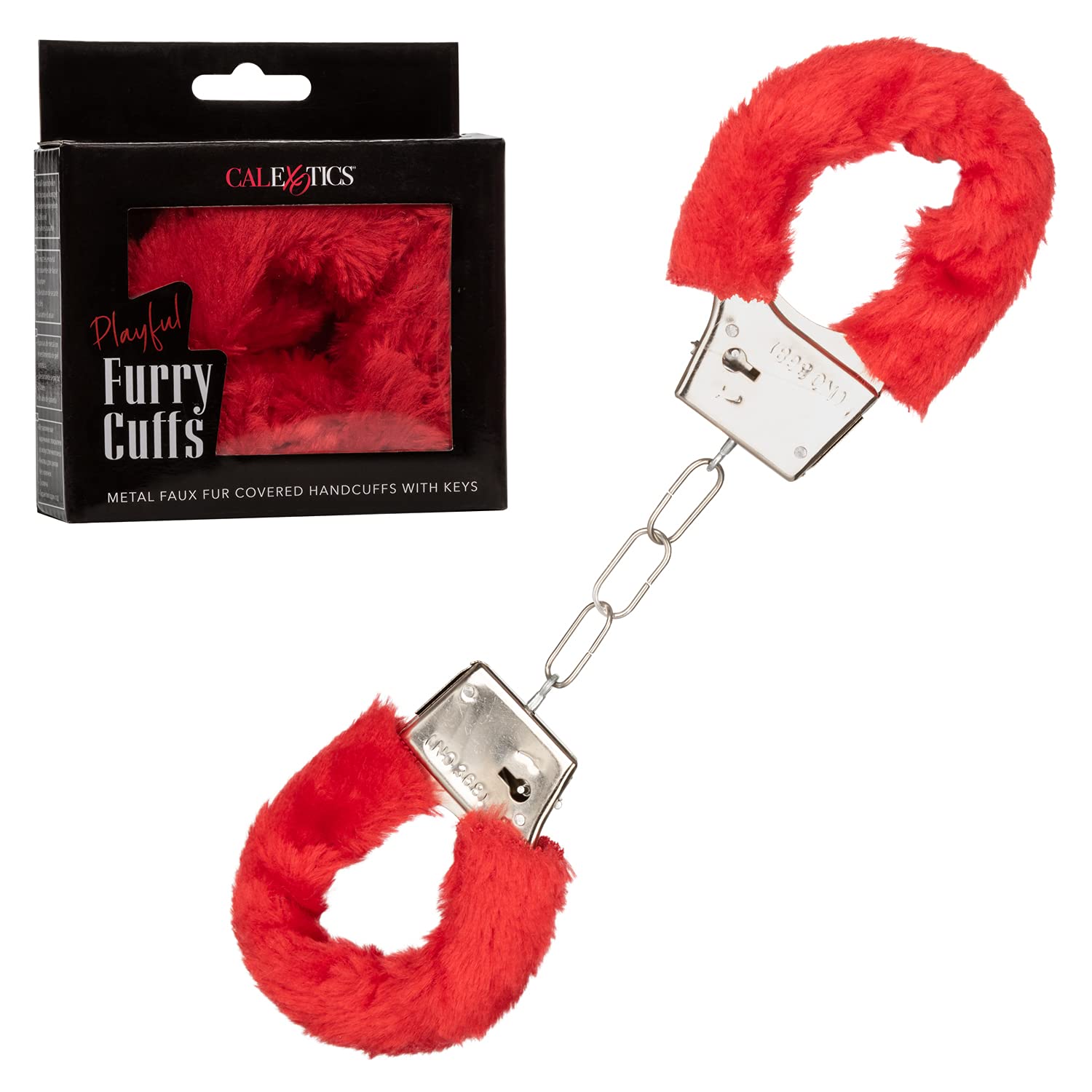 CalExotics Playful Furry Handcuffs in Red - Soft & Fluffy Restraints for Couples Play, BDSM, and Role-Playing Scenes