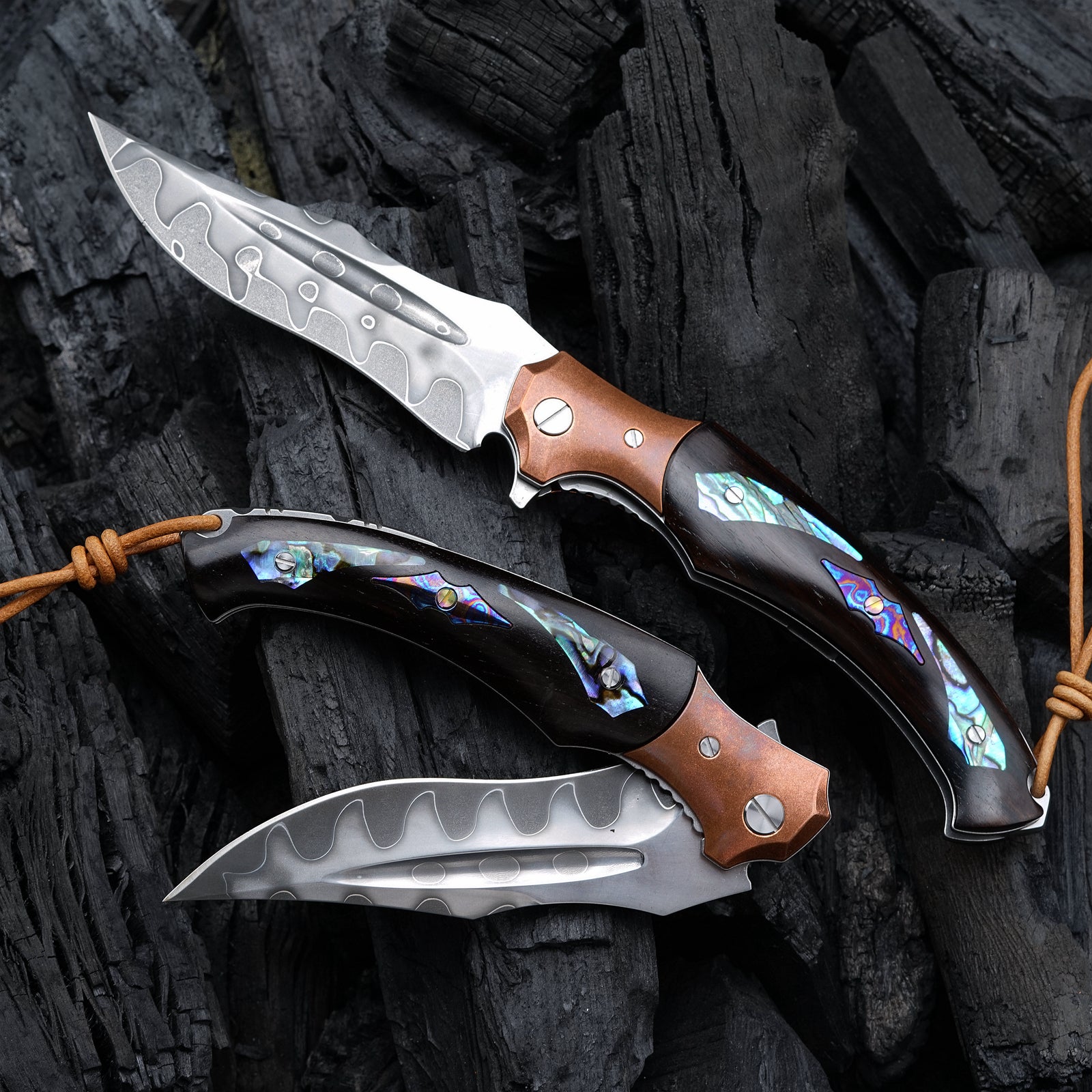 Premium Damascus Steel Pocket Knife with Ebony Wood, Timascus & Abalone Shell Handle - Perfect for EDC, Camping, Hunting & Outdoor Adventures