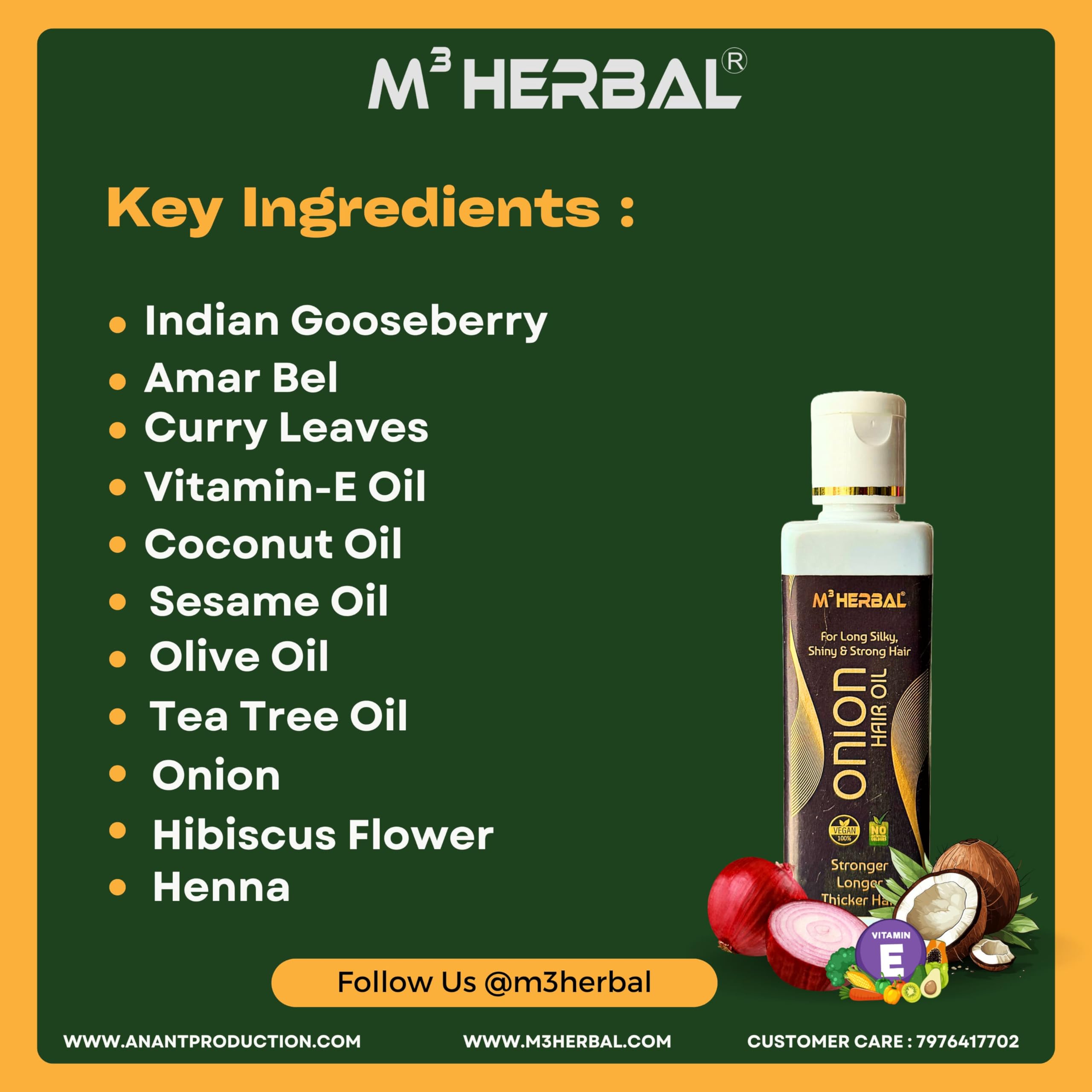 M³HERBAL Cold Process Onion Hair Oil for Hair Growth & Hair Fall Control - Reduces Dandruff & Adds Natural Shine | Best for Damaged Hair, Split Ends & Scalp Care (For Men & Women)
